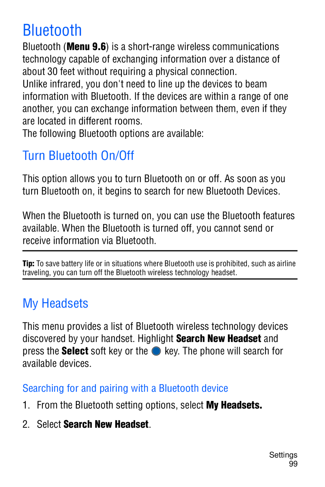 Samsung SGH-C327 user manual Turn Bluetooth On/Off, My Headsets, Searching for and pairing with a Bluetooth device 