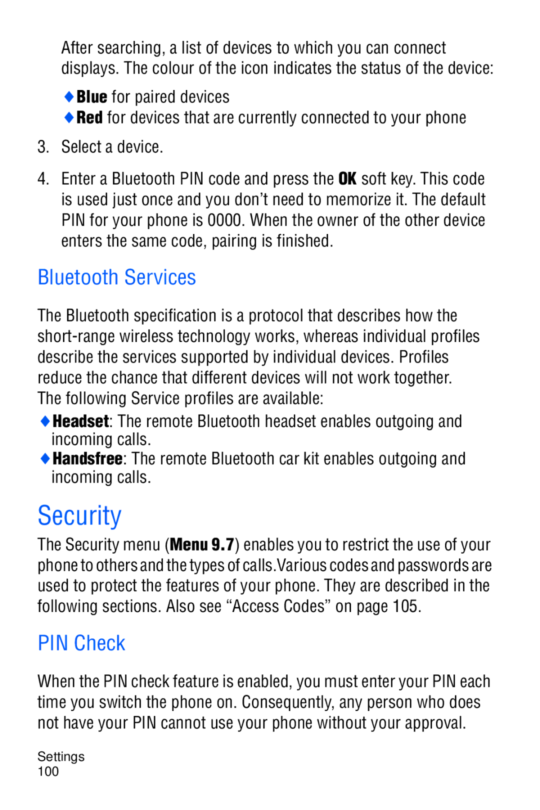 Samsung SGH-C327 user manual Security, Bluetooth Services, PIN Check 