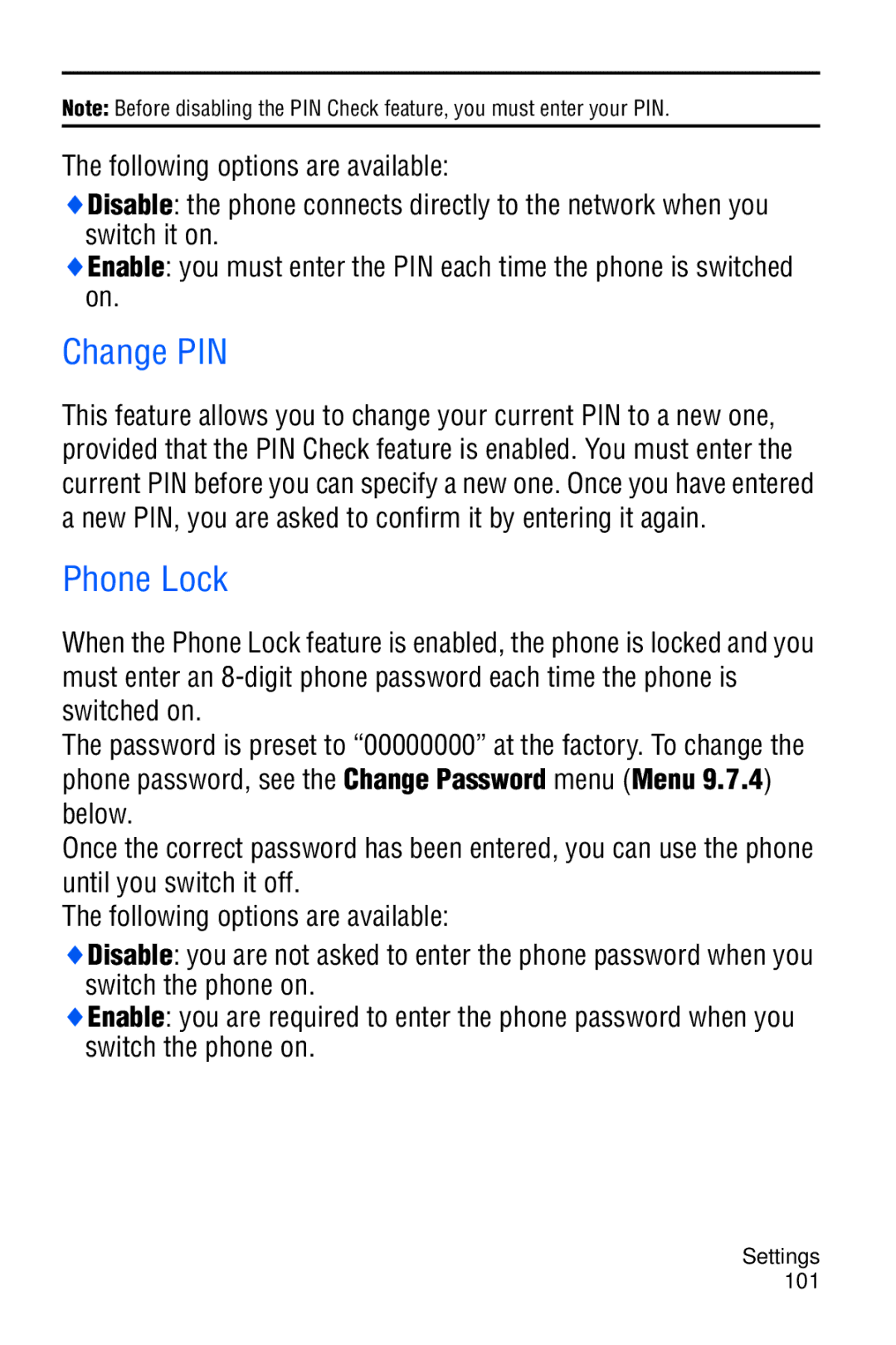 Samsung SGH-C327 user manual Change PIN, Phone Lock 