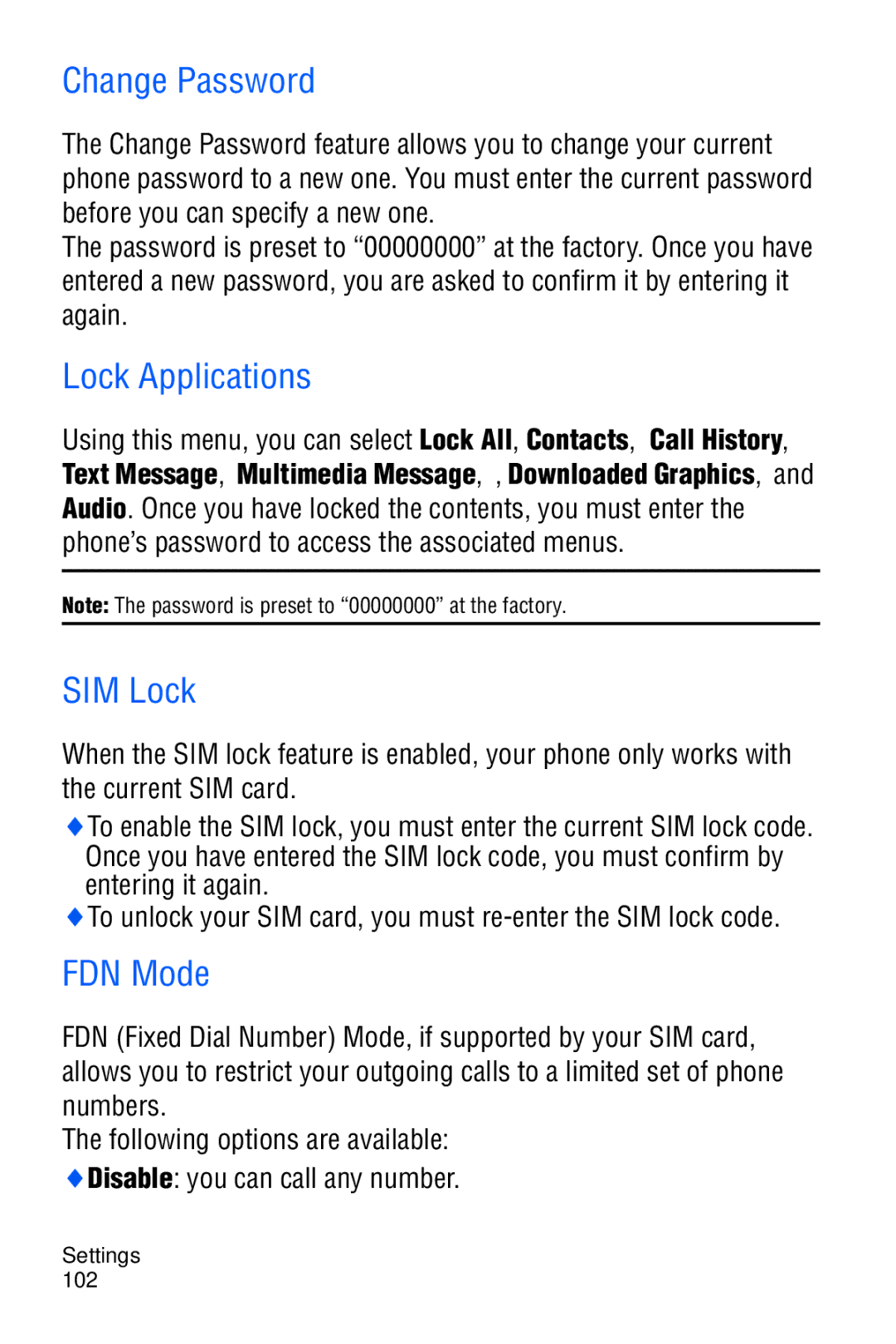 Samsung SGH-C327 user manual Change Password, Lock Applications, SIM Lock, FDN Mode 