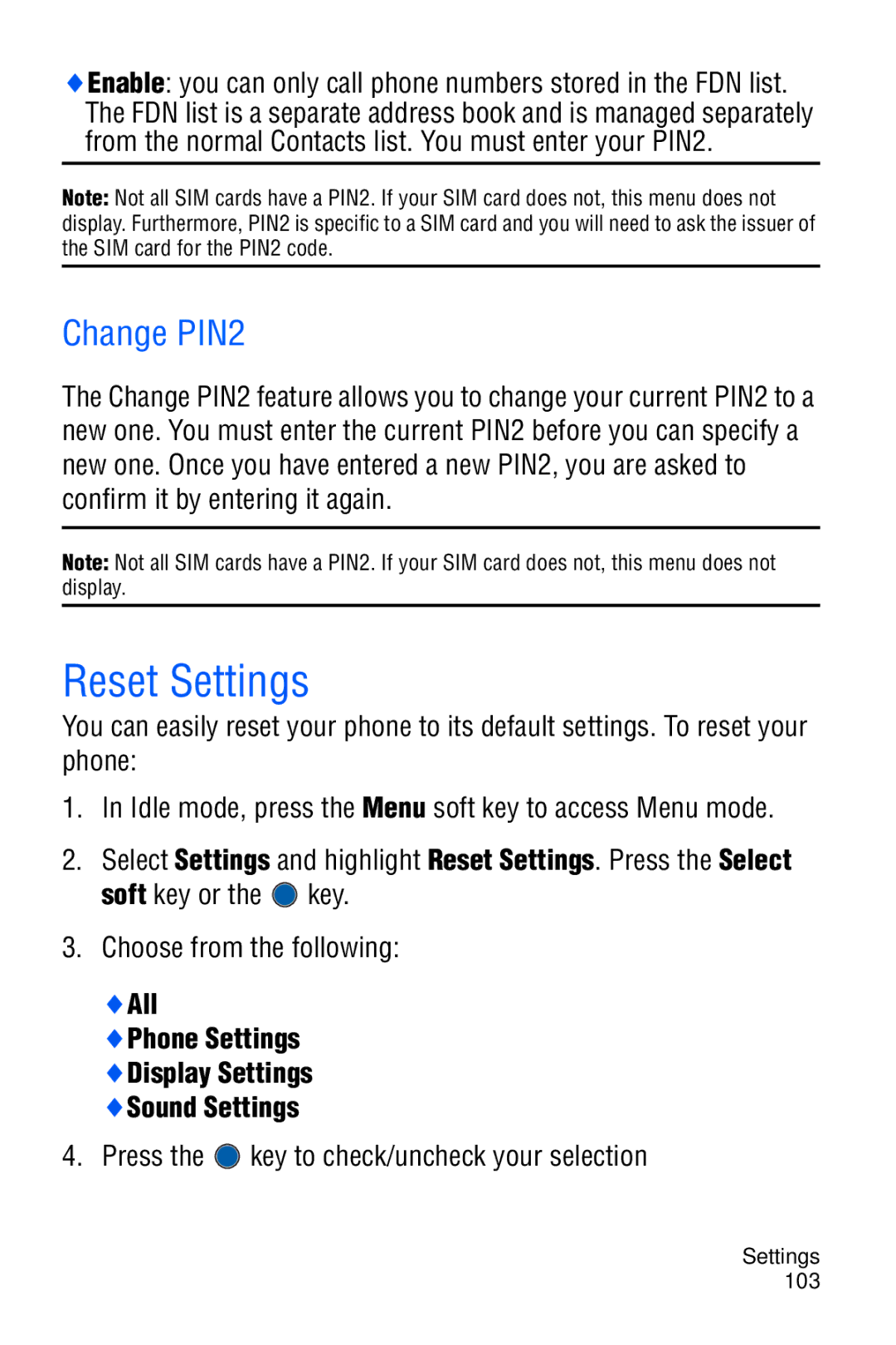 Samsung SGH-C327 user manual Reset Settings, Change PIN2, Press the key to check/uncheck your selection 