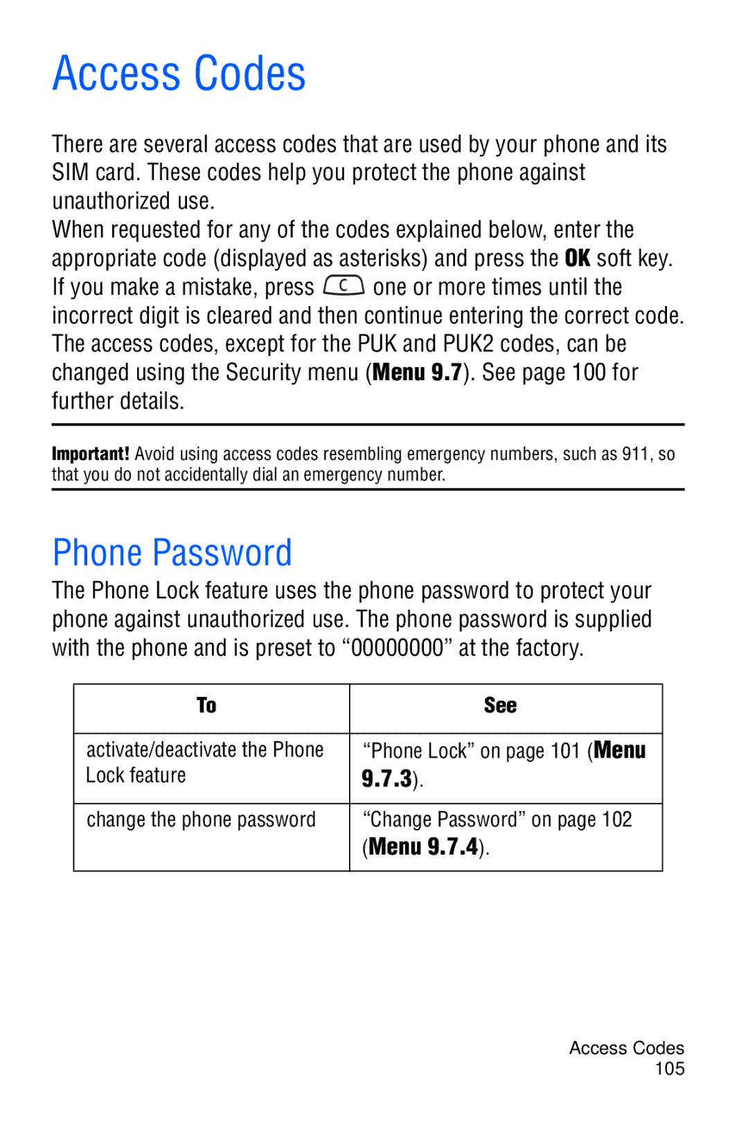 Samsung SGH-C327 user manual Access Codes, Phone Password 