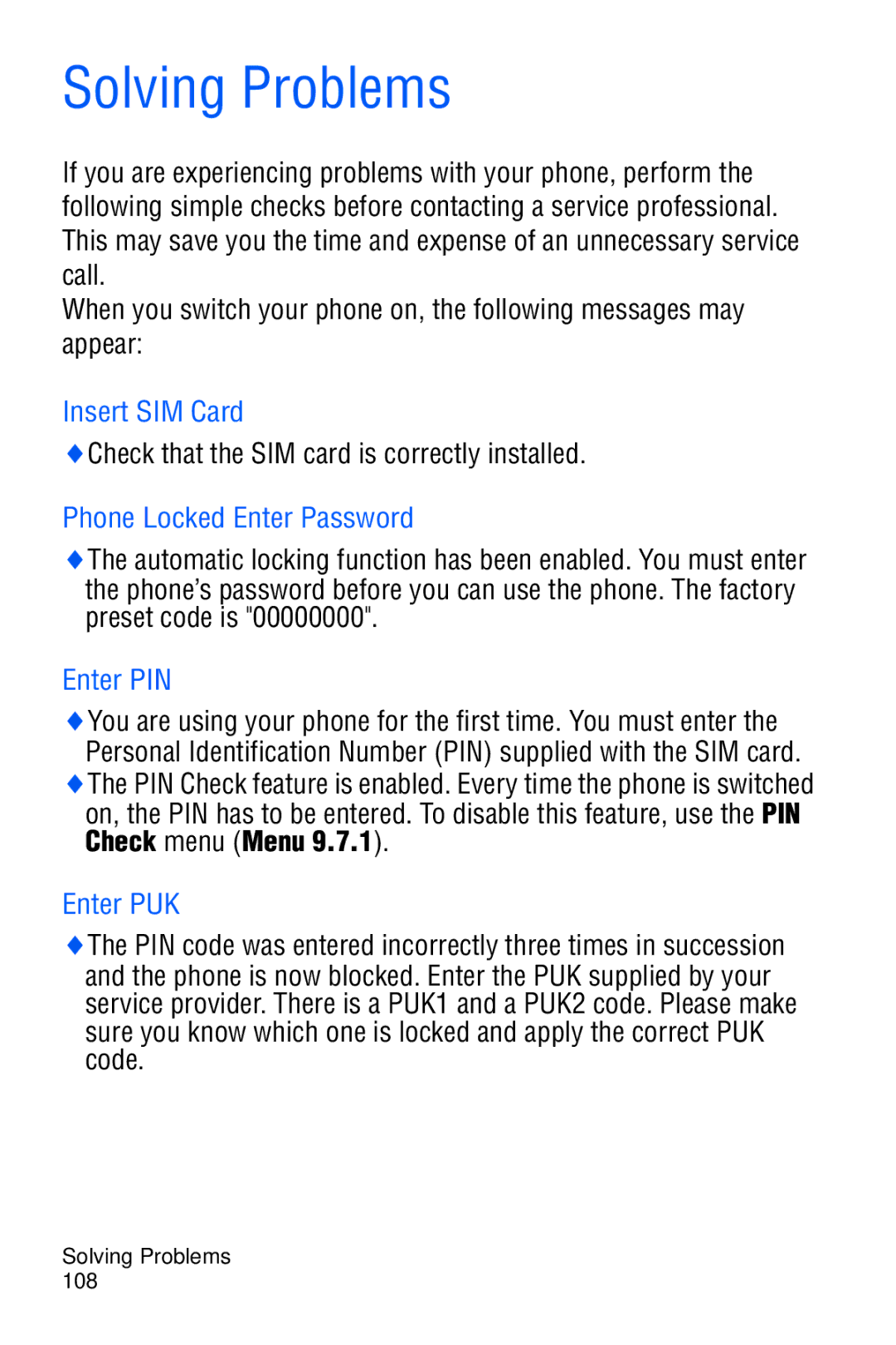 Samsung SGH-C327 user manual Solving Problems, Insert SIM Card, Phone Locked Enter Password, Enter PIN, Enter PUK 