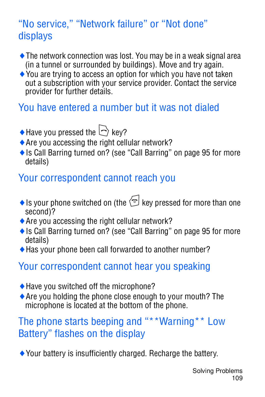 Samsung SGH-C327 No service, Network failure or Not done displays, You have entered a number but it was not dialed 