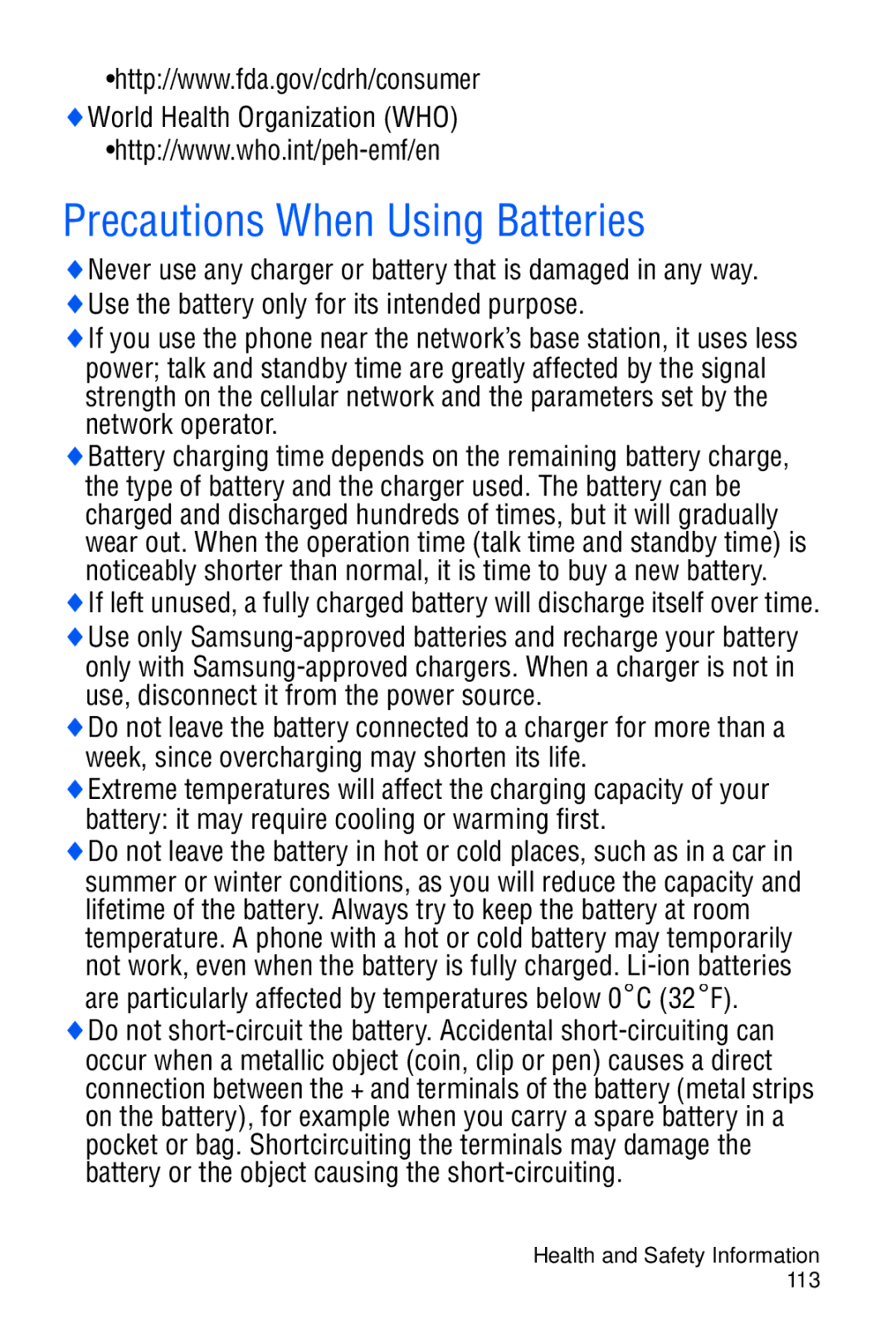 Samsung SGH-C327 user manual Precautions When Using Batteries 