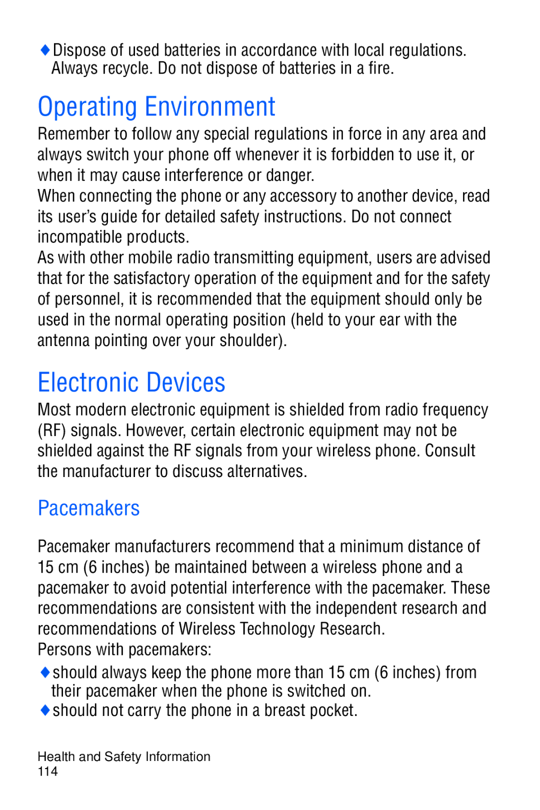 Samsung SGH-C327 user manual Operating Environment, Electronic Devices, Pacemakers, Persons with pacemakers 