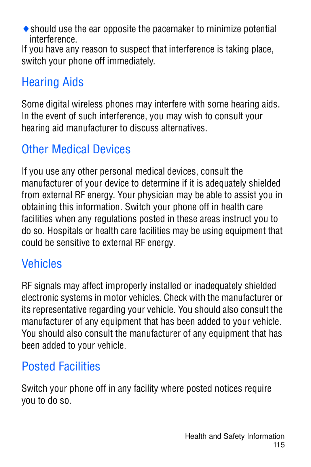 Samsung SGH-C327 user manual Hearing Aids, Other Medical Devices, Vehicles, Posted Facilities 