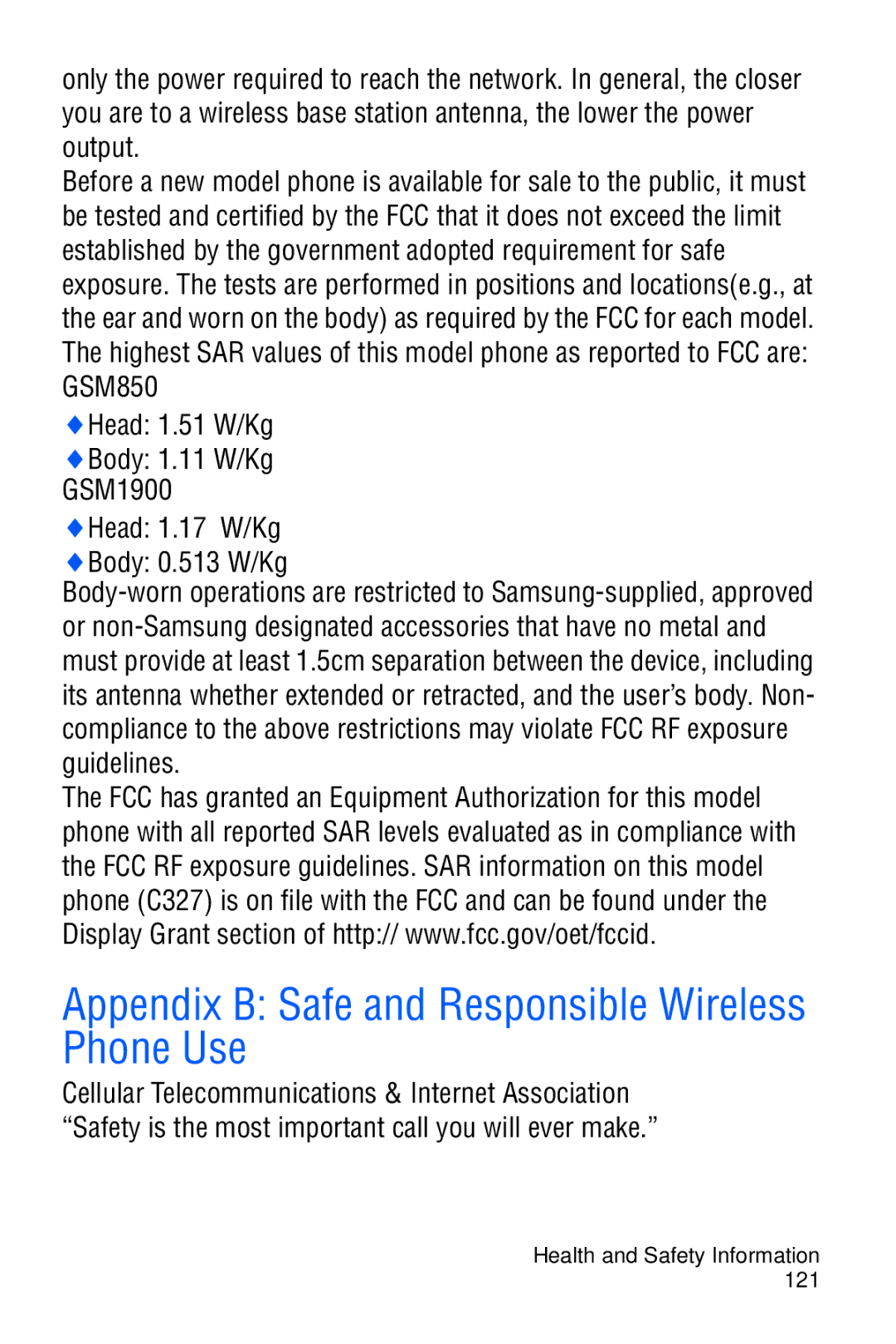 Samsung SGH-C327 user manual Appendix B Safe and Responsible Wireless Phone Use 