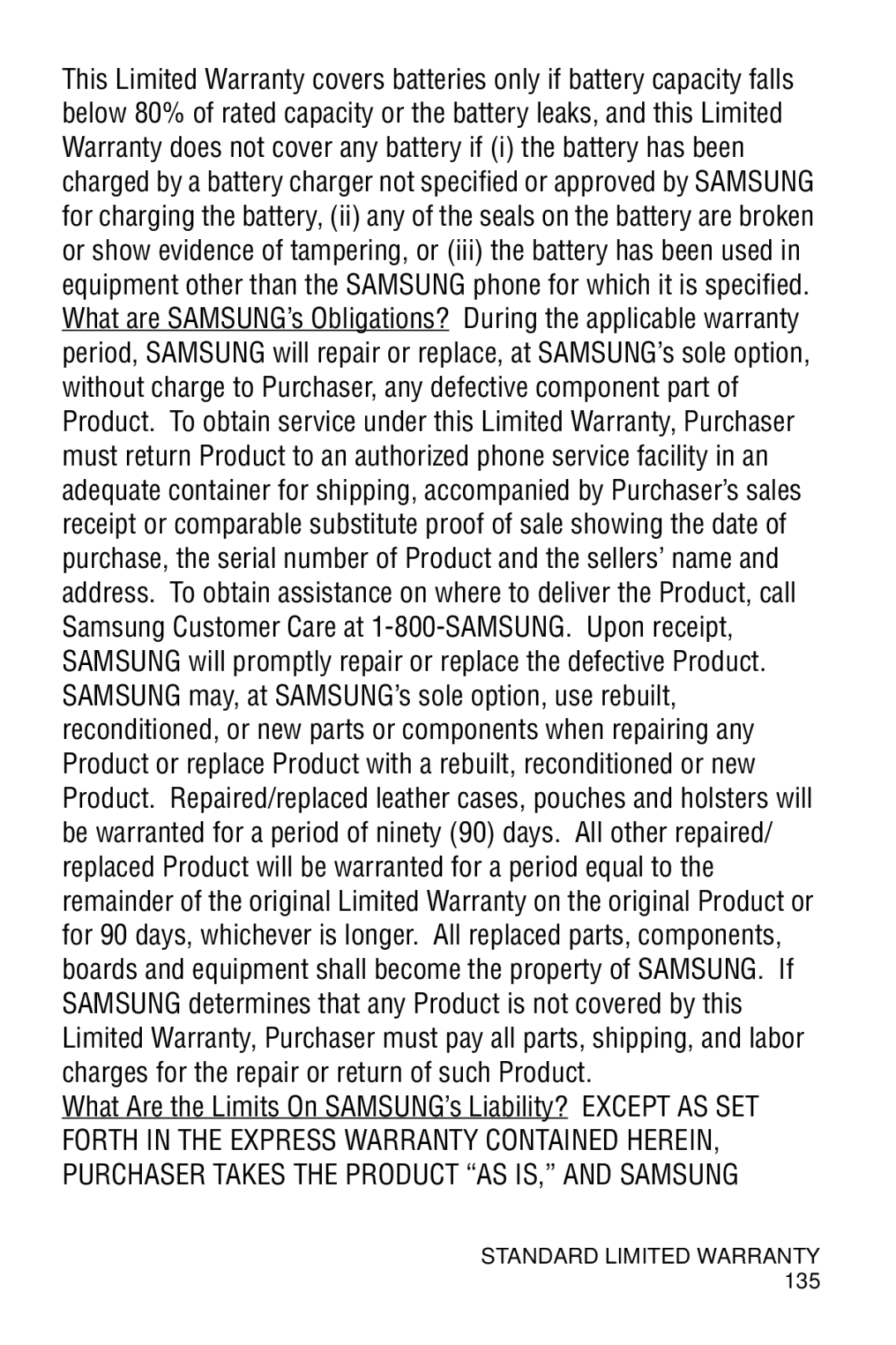 Samsung SGH-C327 user manual Standard Limited Warranty 