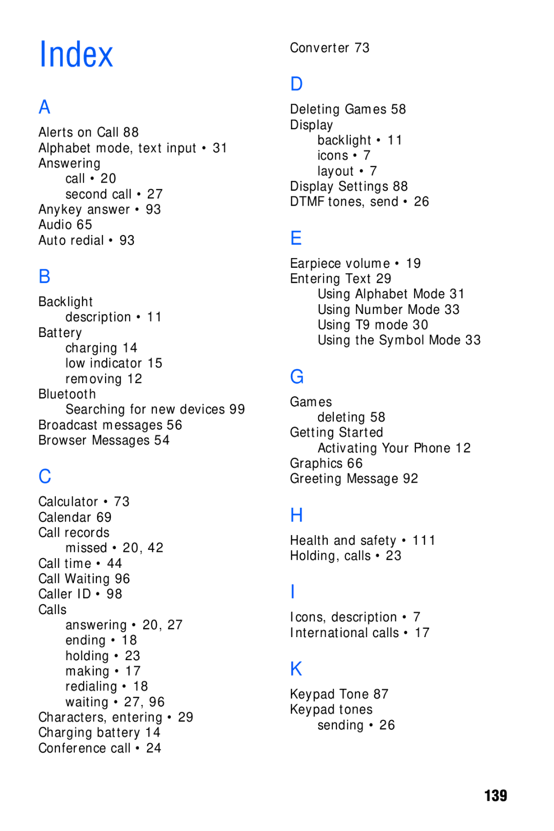 Samsung SGH-C327 user manual Index, Battery charging 14 low indicator 15 removing Bluetooth 