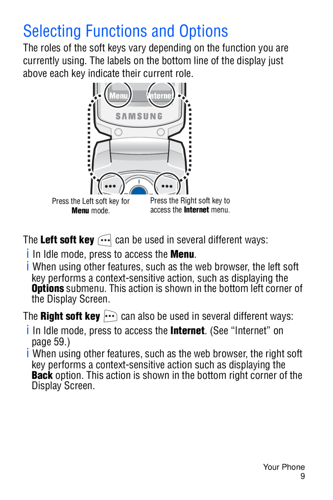 Samsung SGH-C327 user manual Selecting Functions and Options 