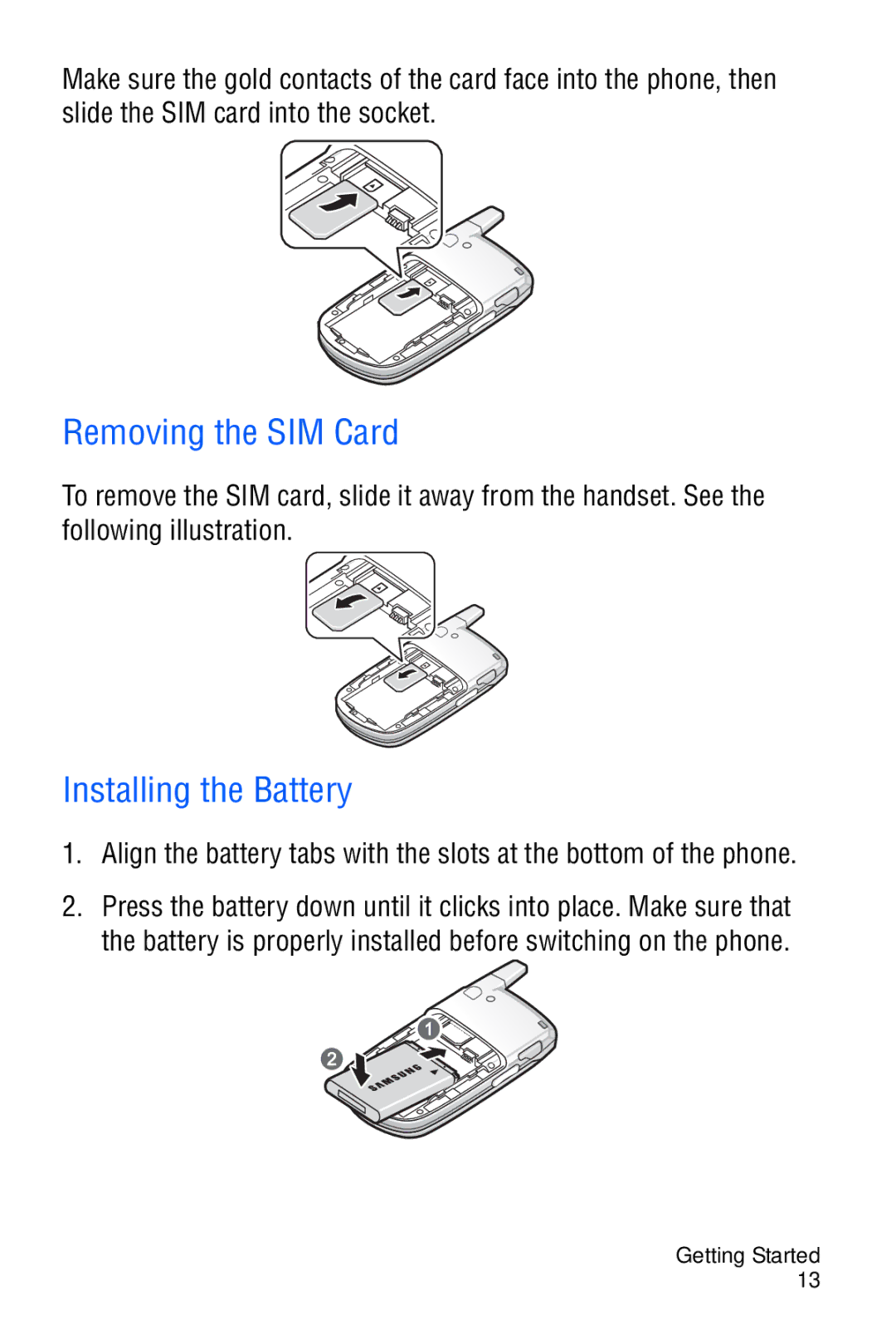 Samsung SGH-C327 user manual Removing the SIM Card, Installing the Battery 