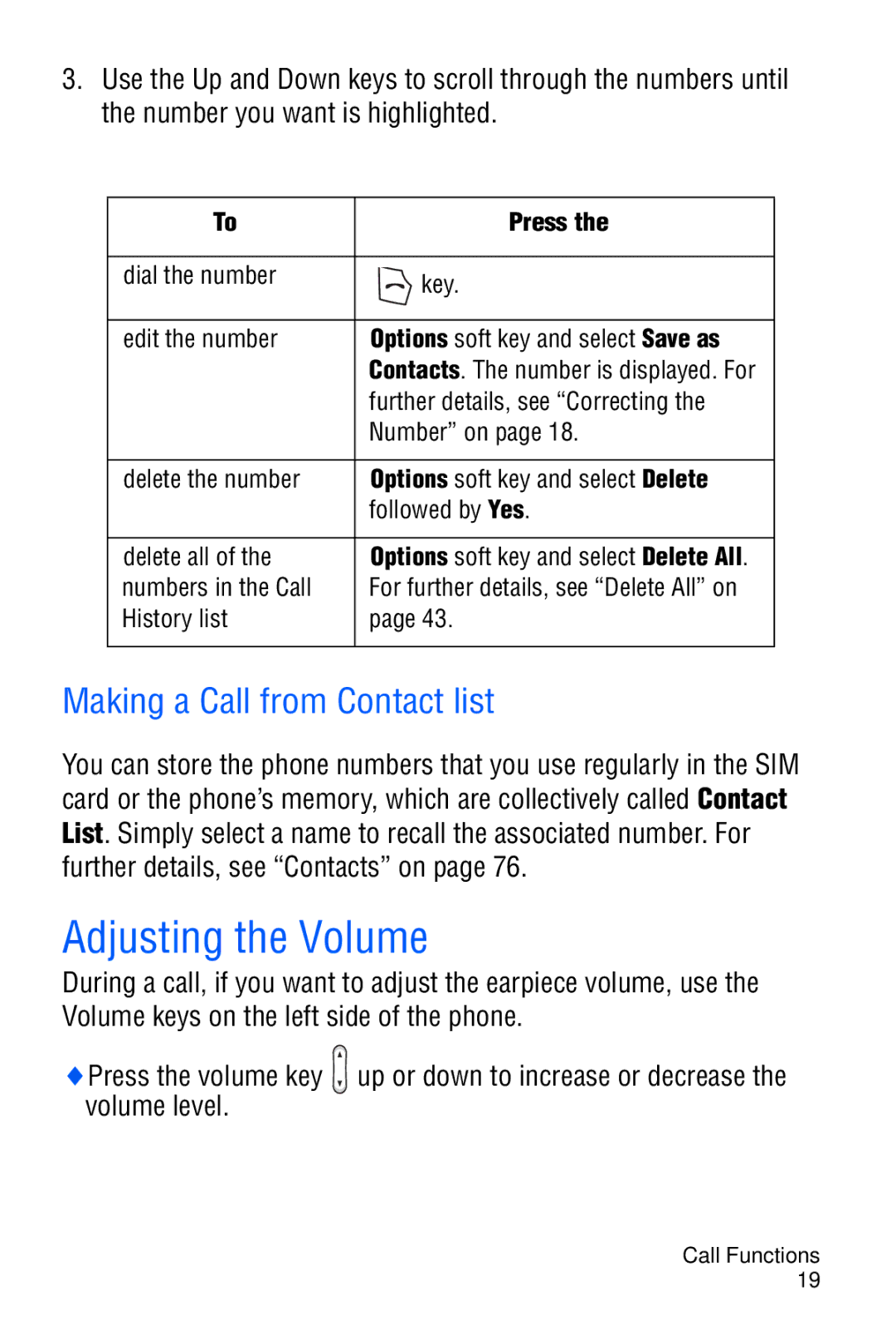 Samsung SGH-C327 user manual Adjusting the Volume, Making a Call from Contact list 