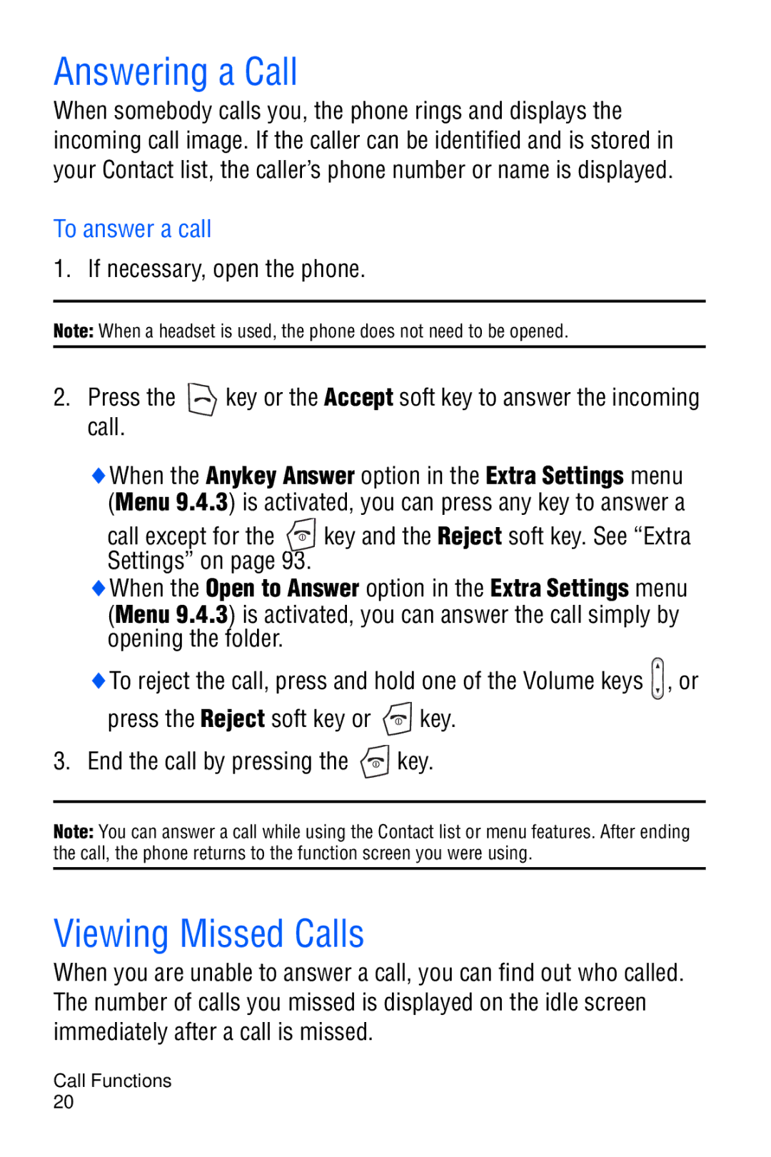 Samsung SGH-C327 user manual Answering a Call, Viewing Missed Calls, To answer a call 