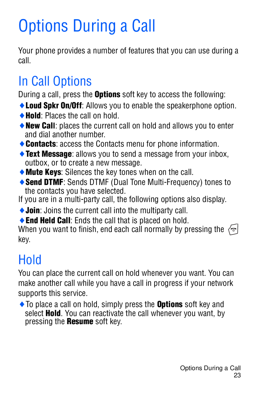 Samsung SGH-C327 user manual Options During a Call, Call Options, Hold 