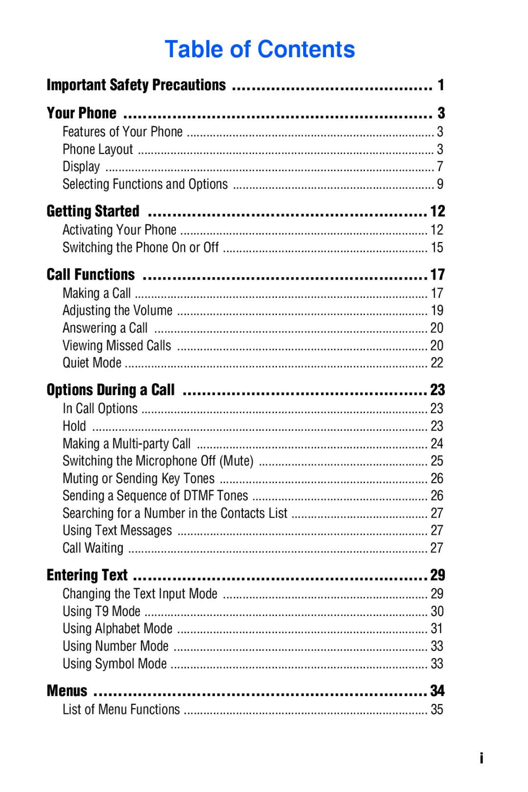 Samsung SGH-C327 user manual Table of Contents 