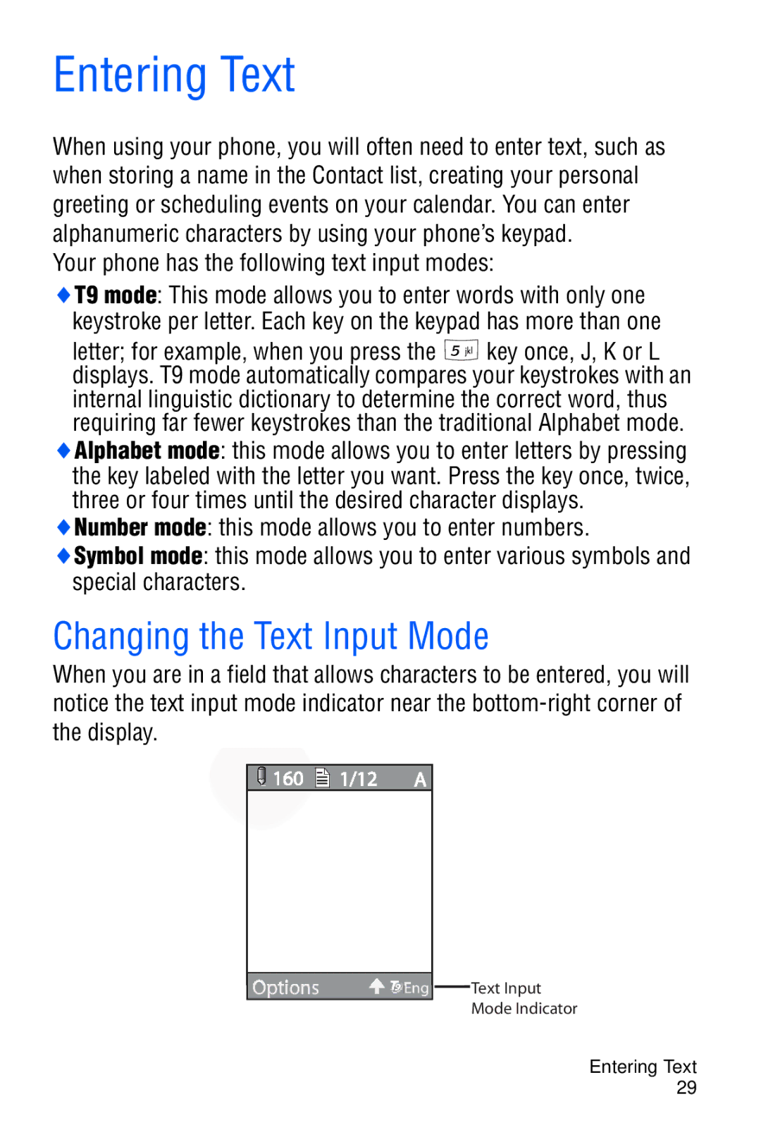 Samsung SGH-C327 user manual Entering Text, Changing the Text Input Mode, Your phone has the following text input modes 