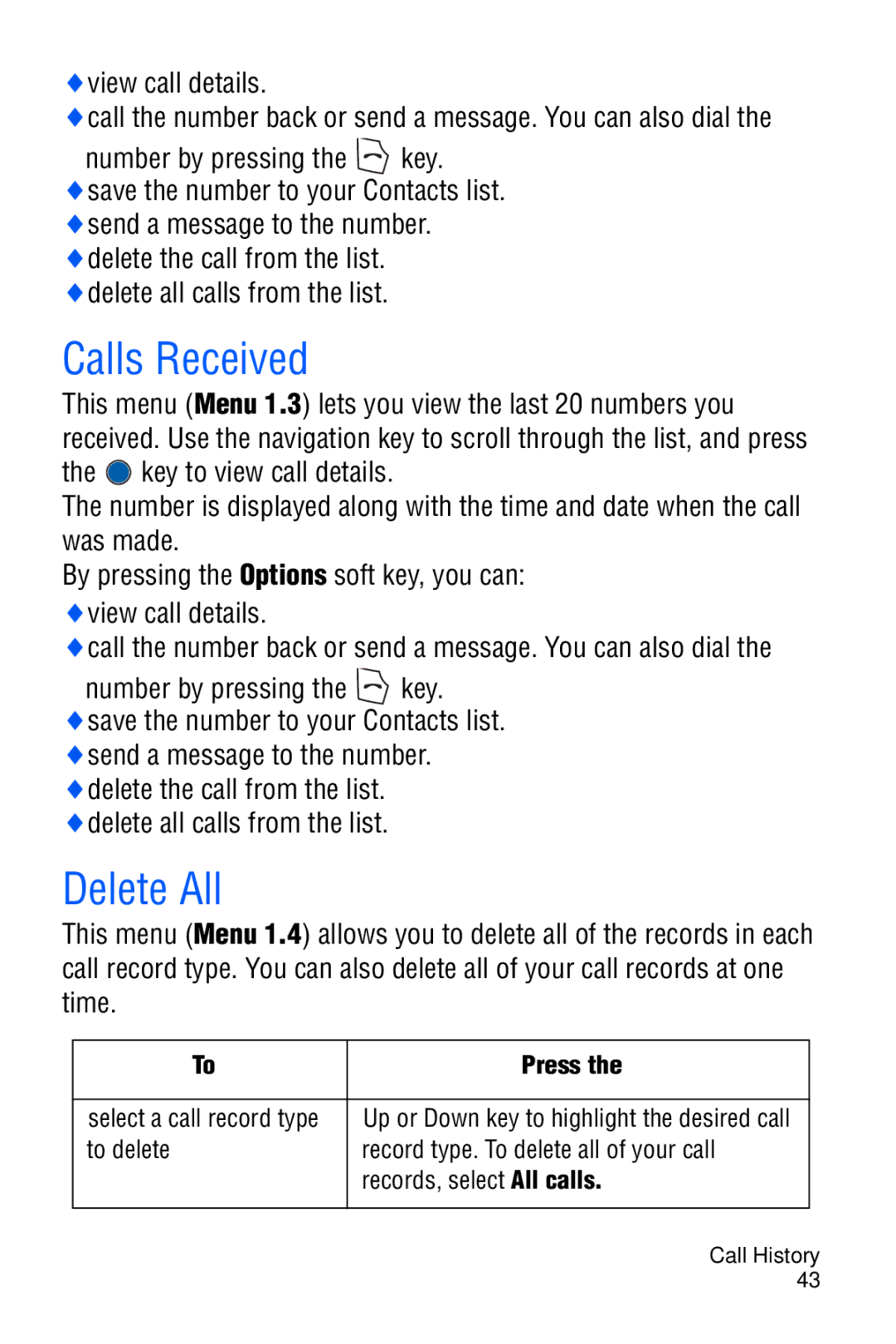 Samsung SGH-C327 user manual Calls Received, Delete All 