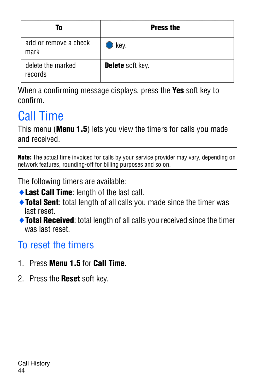 Samsung SGH-C327 user manual Call Time, To reset the timers, Press the Reset soft key 