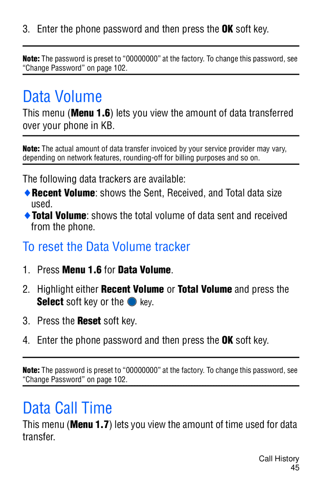 Samsung SGH-C327 user manual Data Call Time, To reset the Data Volume tracker 