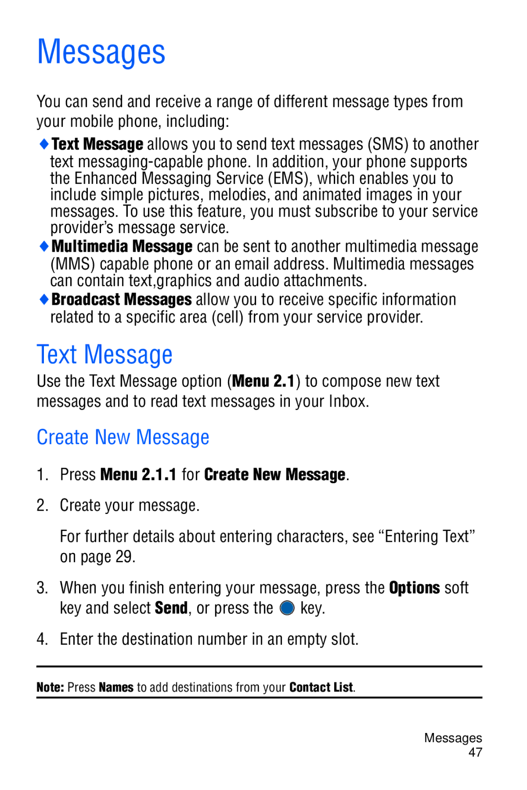 Samsung SGH-C327 user manual Messages, Text Message, Create New Message 