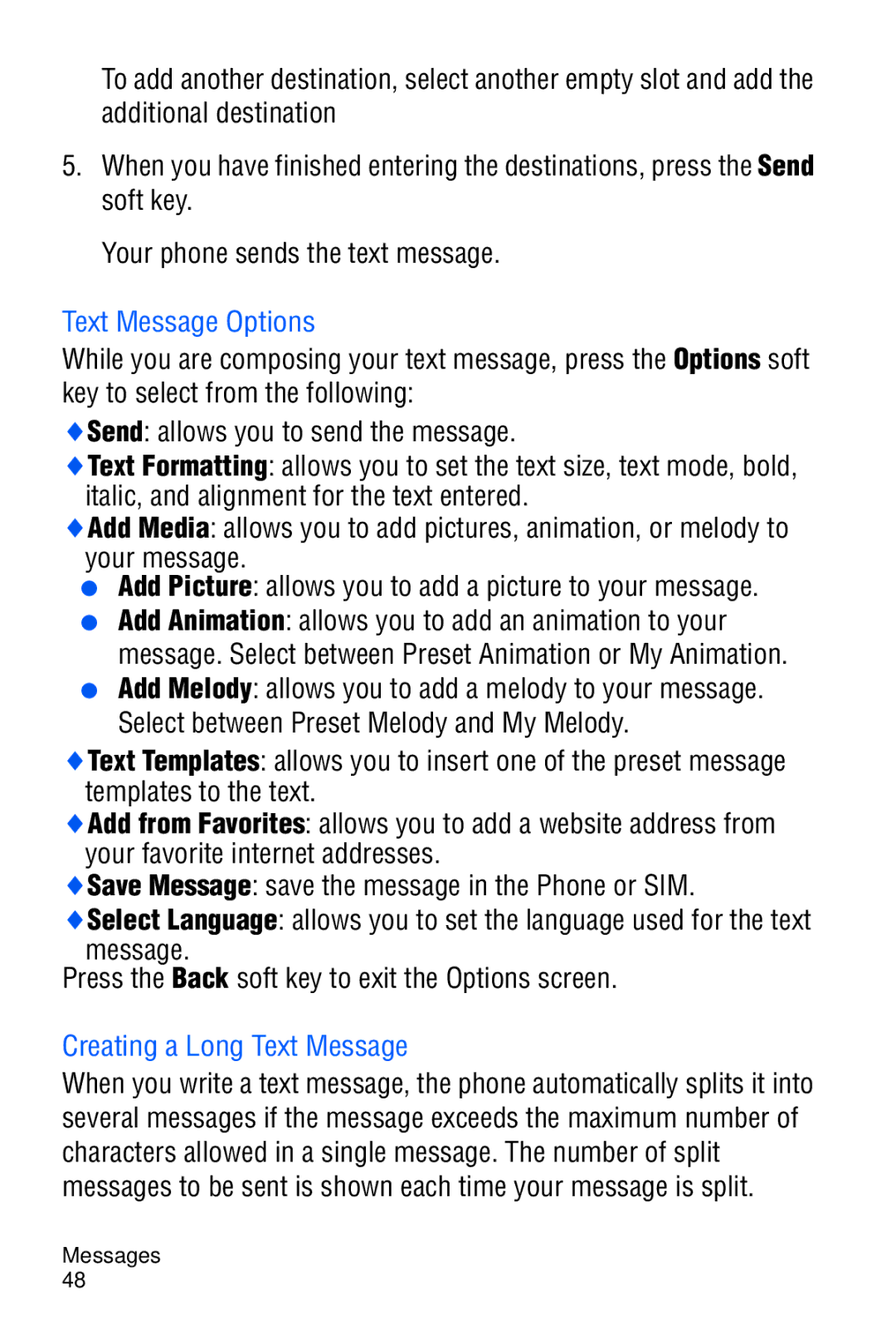 Samsung SGH-C327 user manual Text Message Options, Creating a Long Text Message 