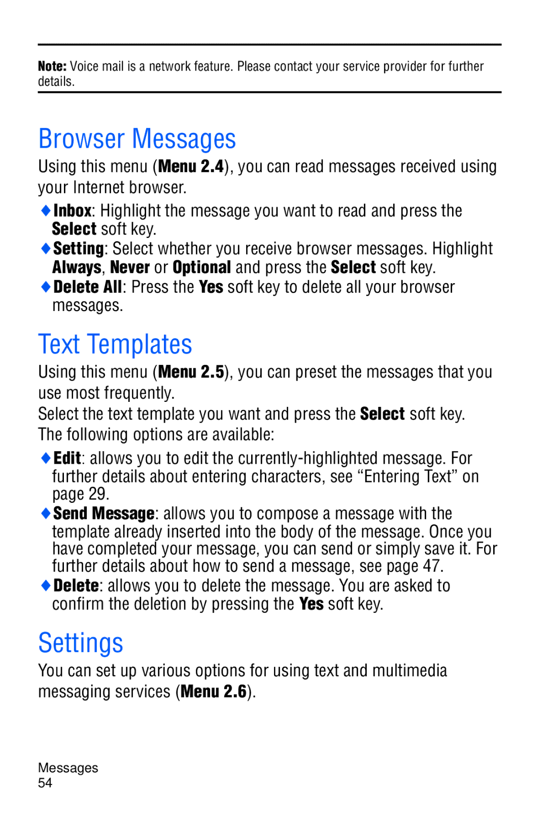 Samsung SGH-C327 user manual Browser Messages, Text Templates, Settings 