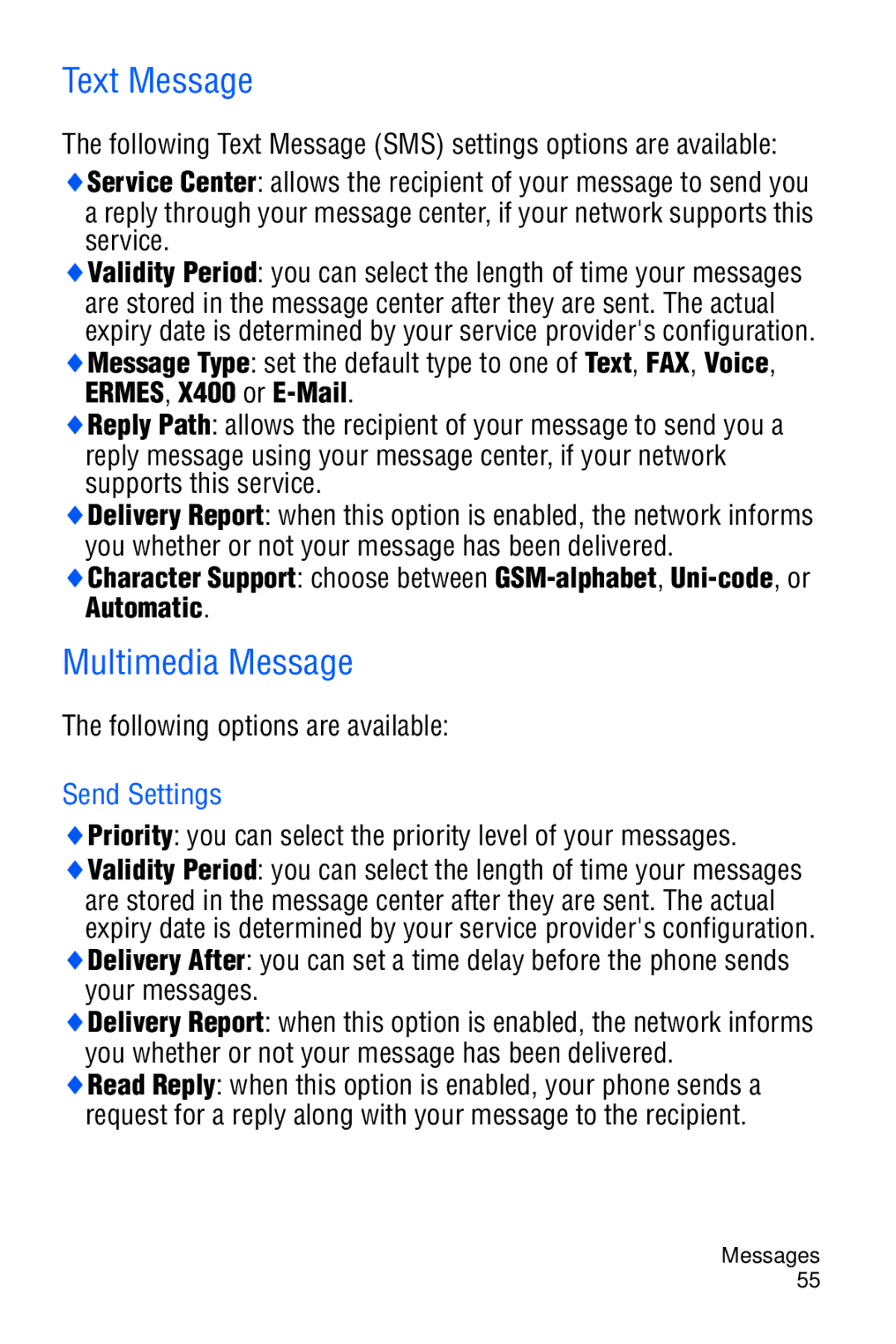 Samsung SGH-C327 user manual Text Message, Multimedia Message, Send Settings 