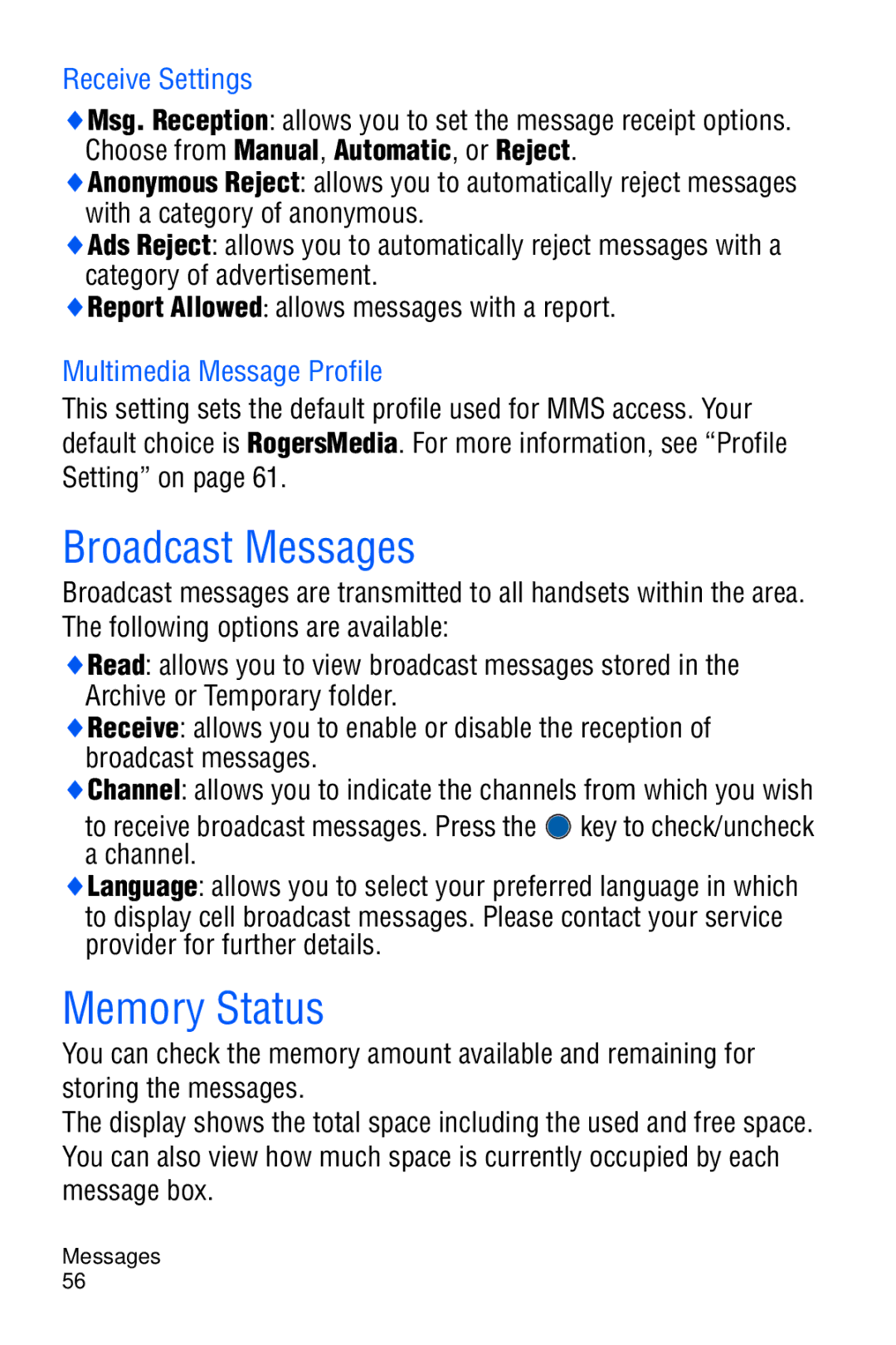 Samsung SGH-C327 user manual Broadcast Messages, Memory Status, Receive Settings, Multimedia Message Profile 