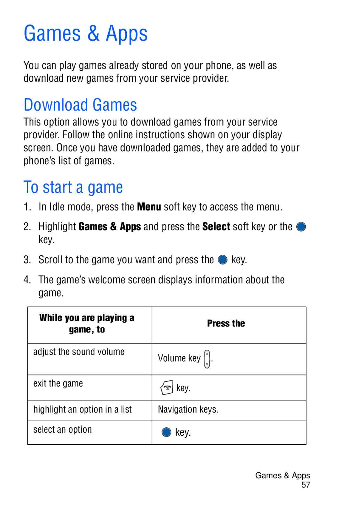 Samsung SGH-C327 user manual Games & Apps, Download Games, To start a game 