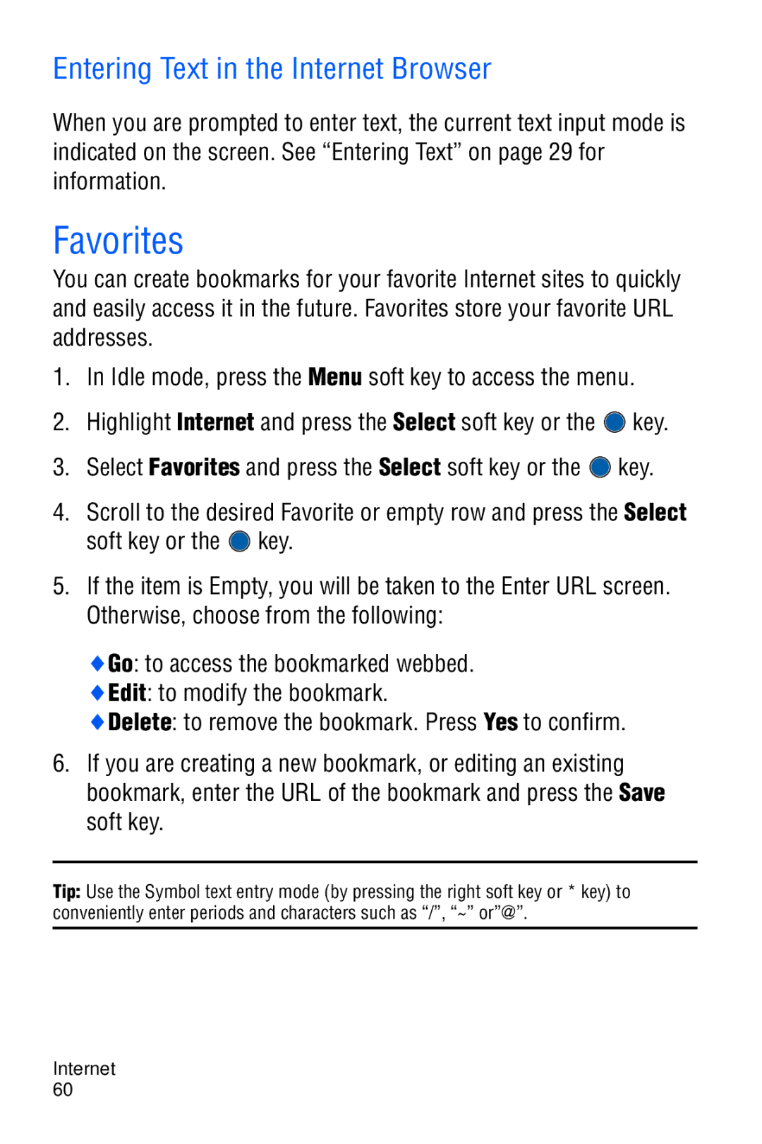 Samsung SGH-C327 user manual Favorites, Entering Text in the Internet Browser 