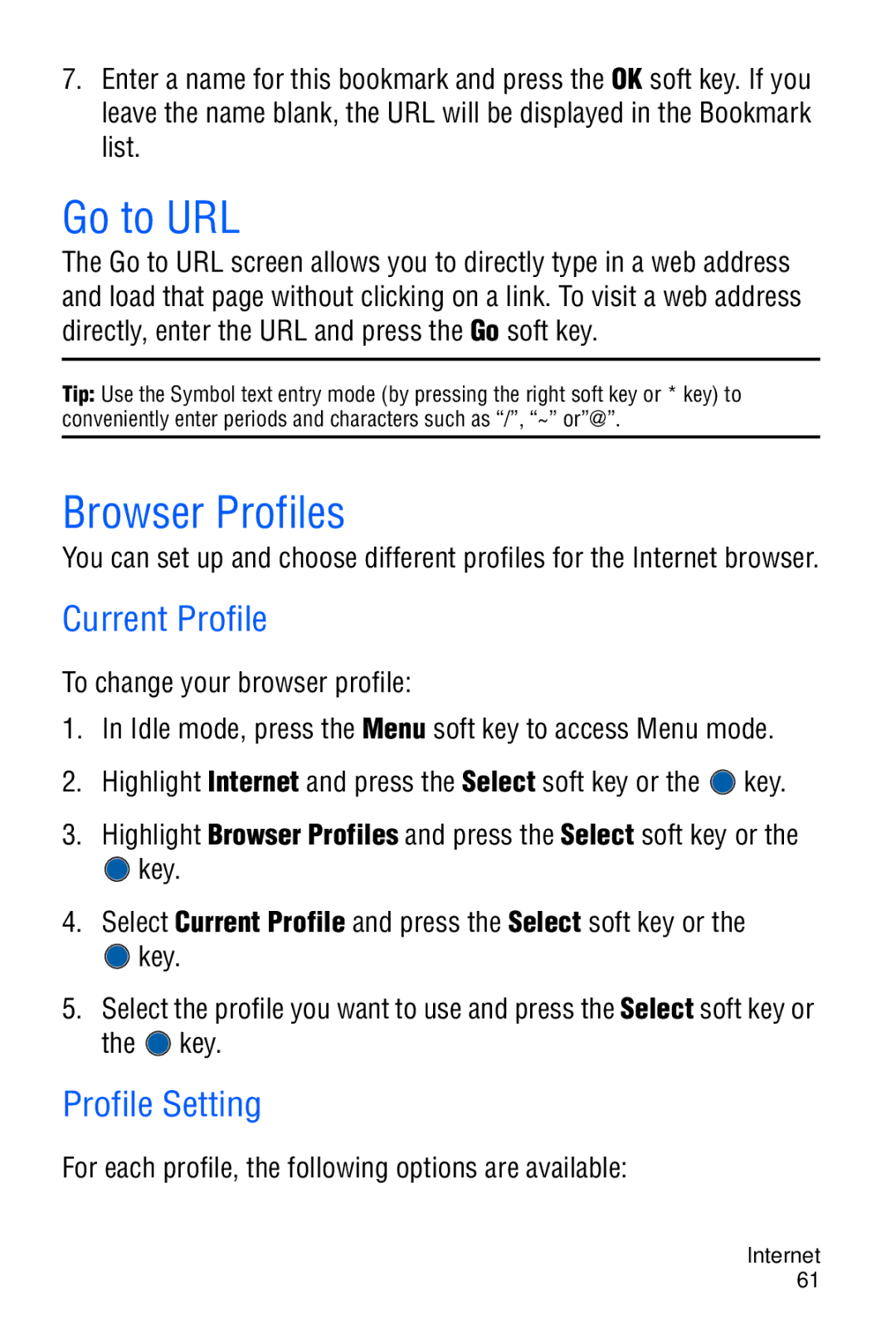 Samsung SGH-C327 user manual Go to URL, Browser Profiles, Current Profile, Profile Setting 