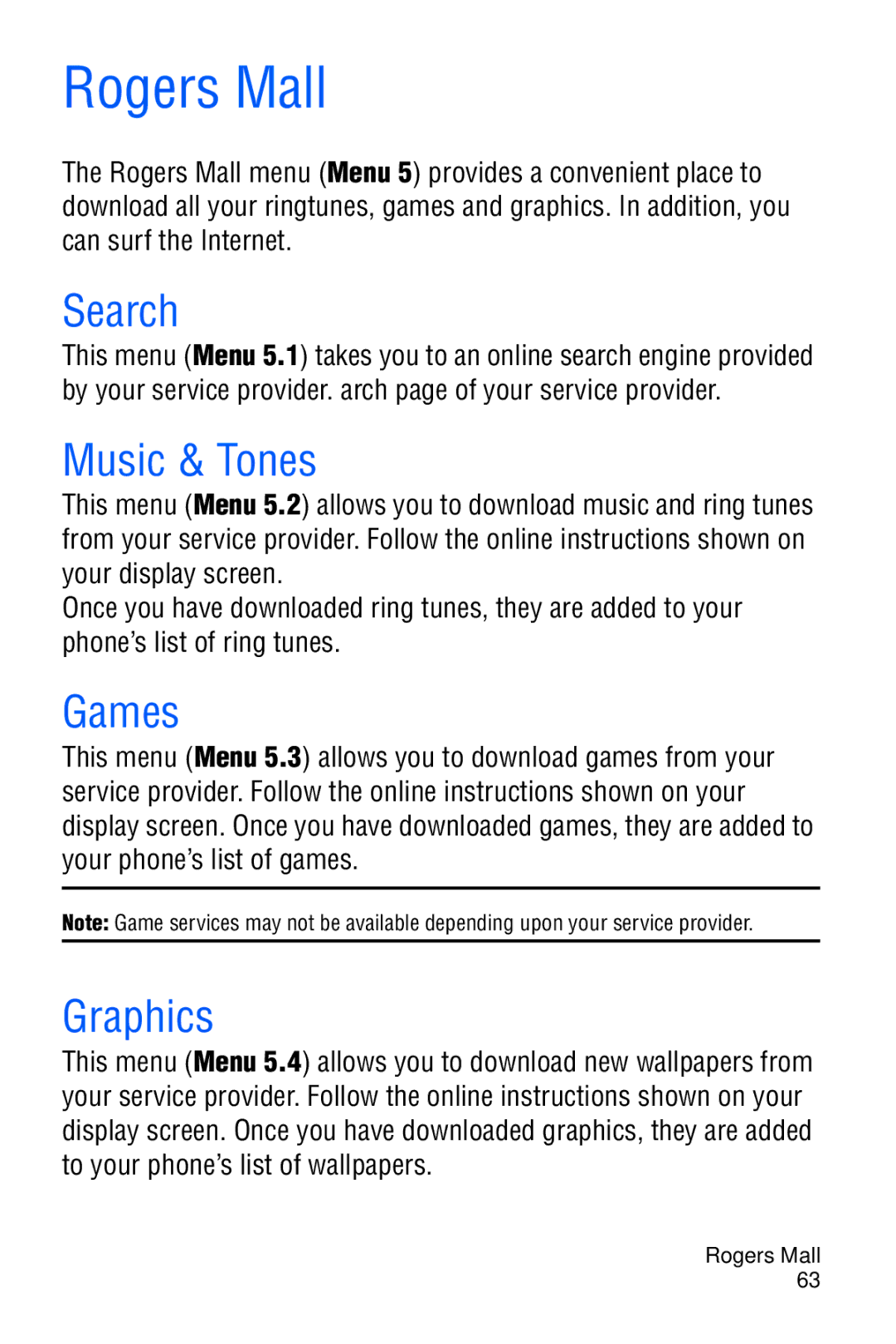 Samsung SGH-C327 user manual Rogers Mall, Search, Music & Tones, Games, Graphics 