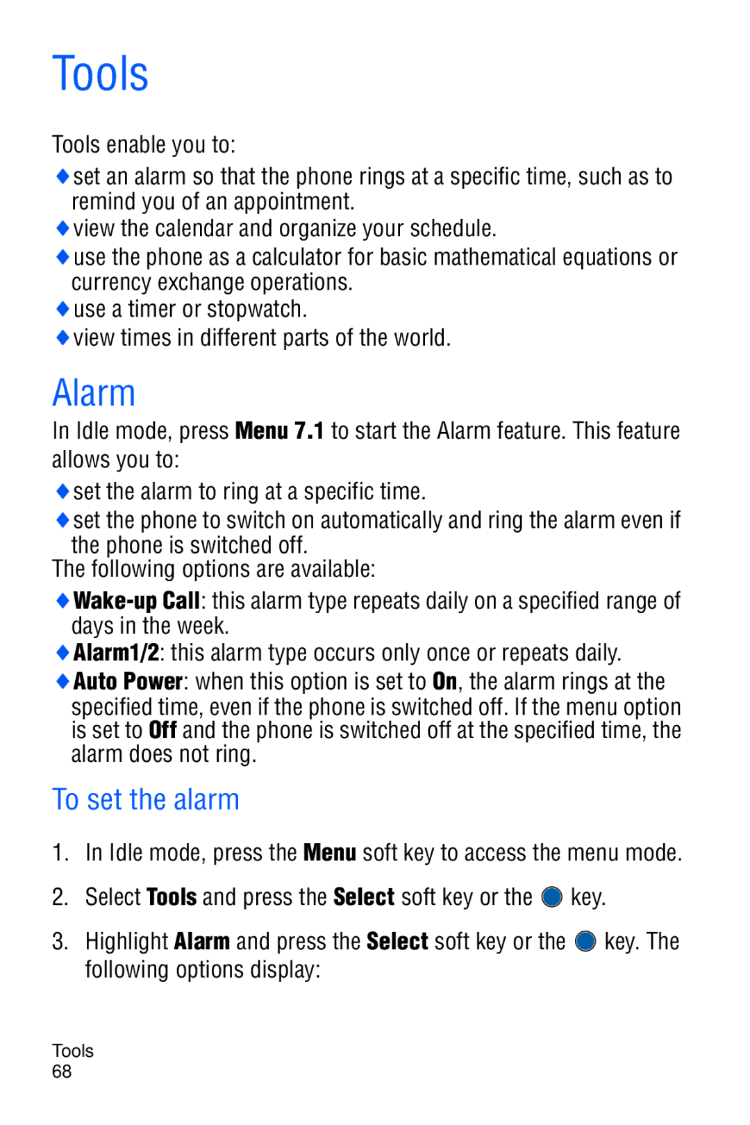 Samsung SGH-C327 user manual Tools, Alarm, To set the alarm 