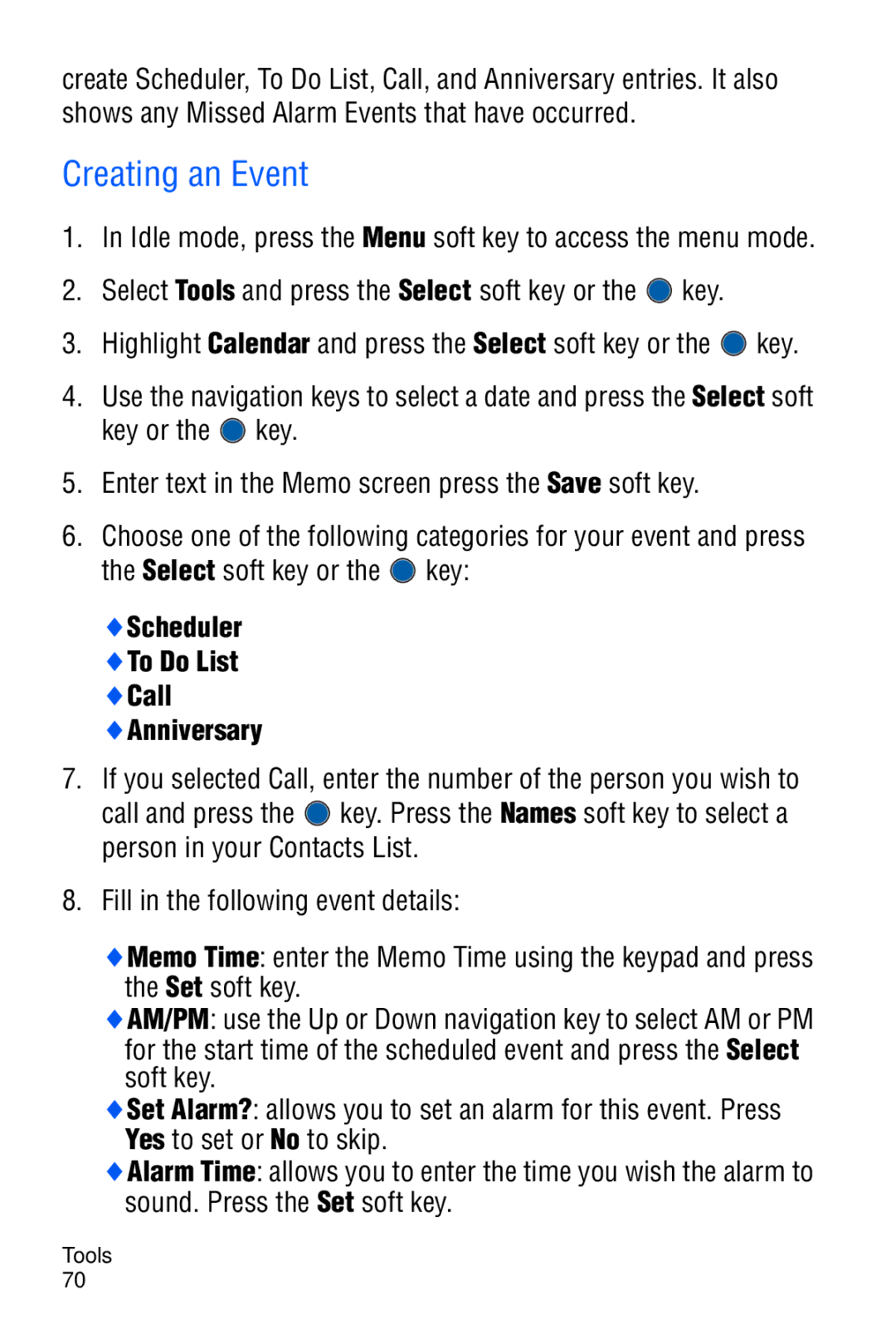 Samsung SGH-C327 user manual Creating an Event, Set soft key 