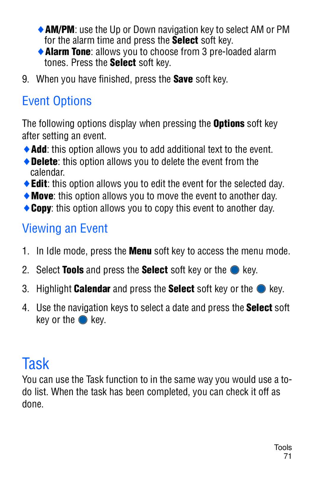 Samsung SGH-C327 user manual Task, Event Options, Viewing an Event 