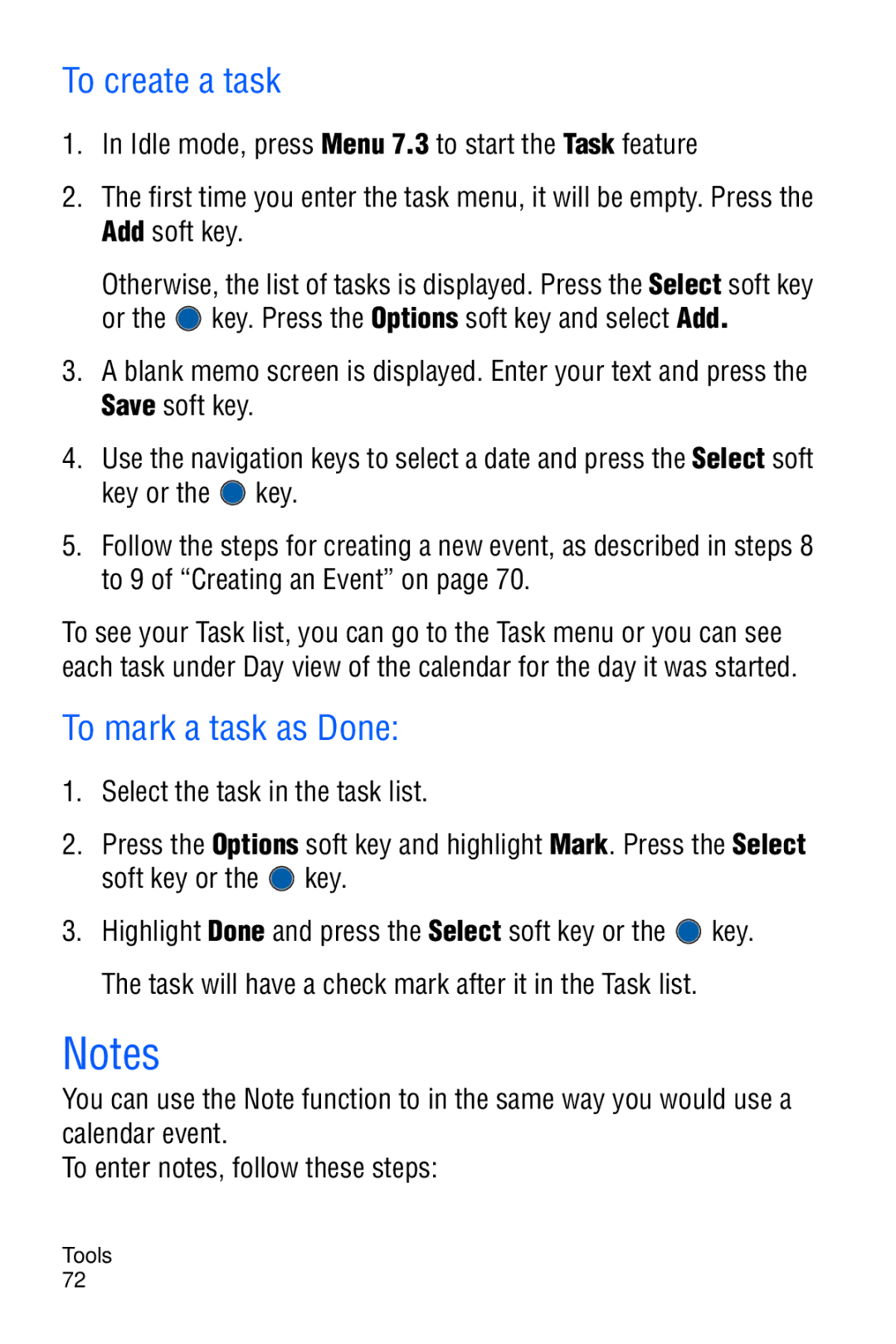 Samsung SGH-C327 user manual To create a task, To mark a task as Done 