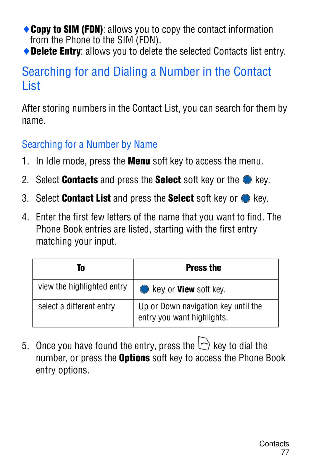 Samsung SGH-C327 user manual Searching for and Dialing a Number in the Contact List, Searching for a Number by Name 