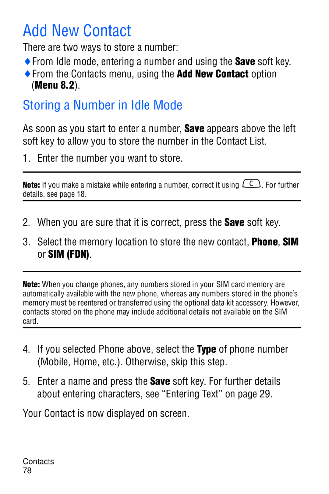 Samsung SGH-C327 user manual Add New Contact, Storing a Number in Idle Mode, There are two ways to store a number 