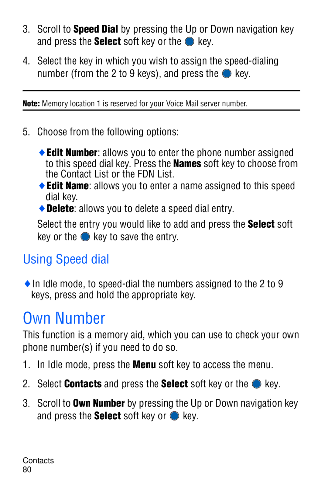 Samsung SGH-C327 user manual Own Number, Using Speed dial, Choose from the following options, Contact List or the FDN List 