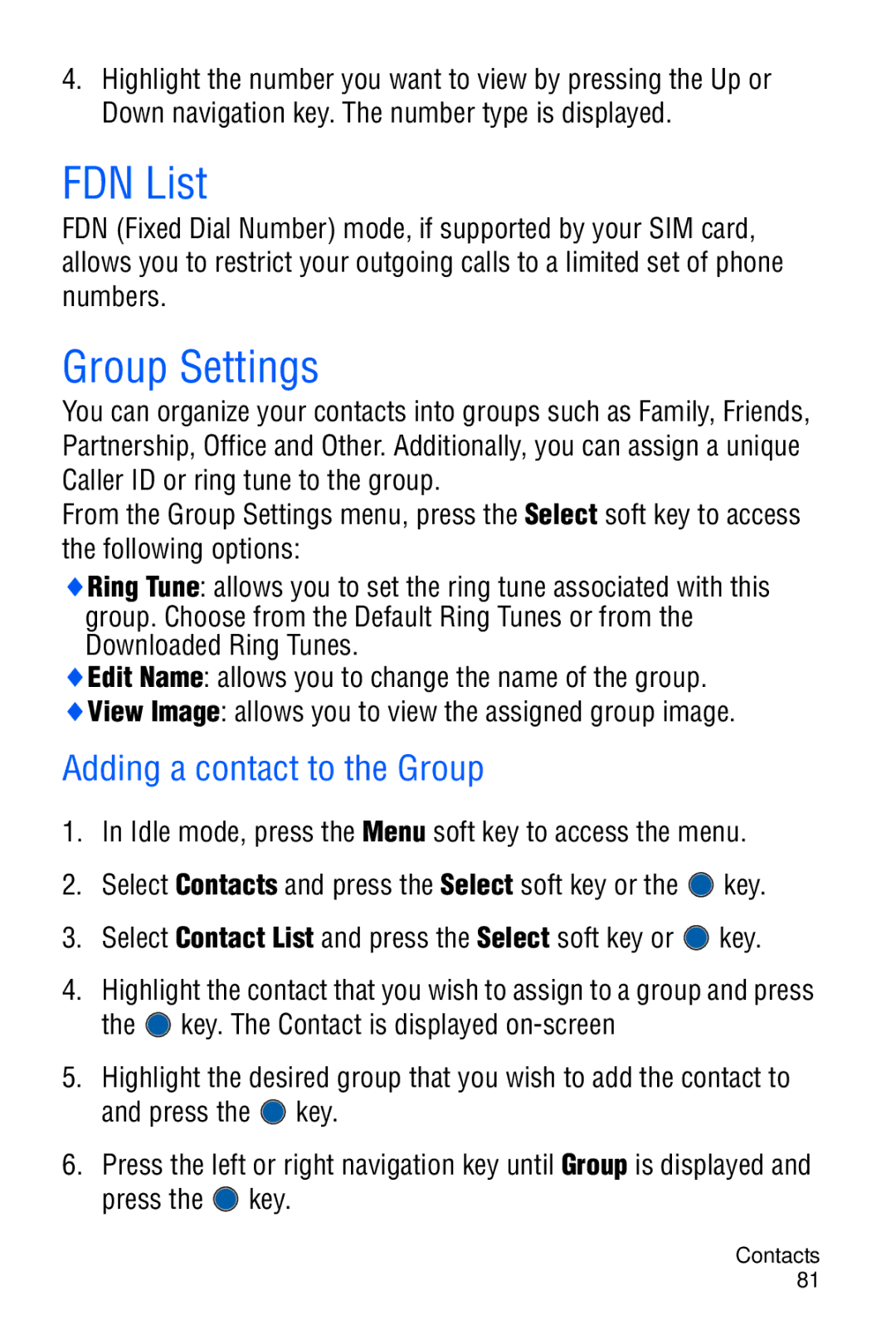 Samsung SGH-C327 user manual FDN List, Group Settings, Adding a contact to the Group 