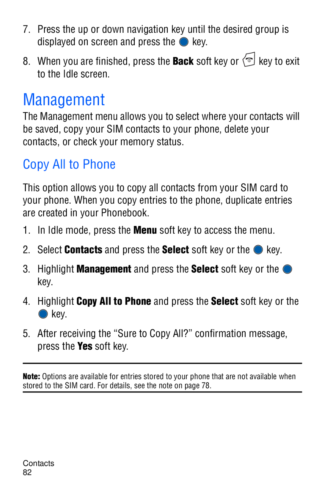 Samsung SGH-C327 user manual Management, Copy All to Phone 