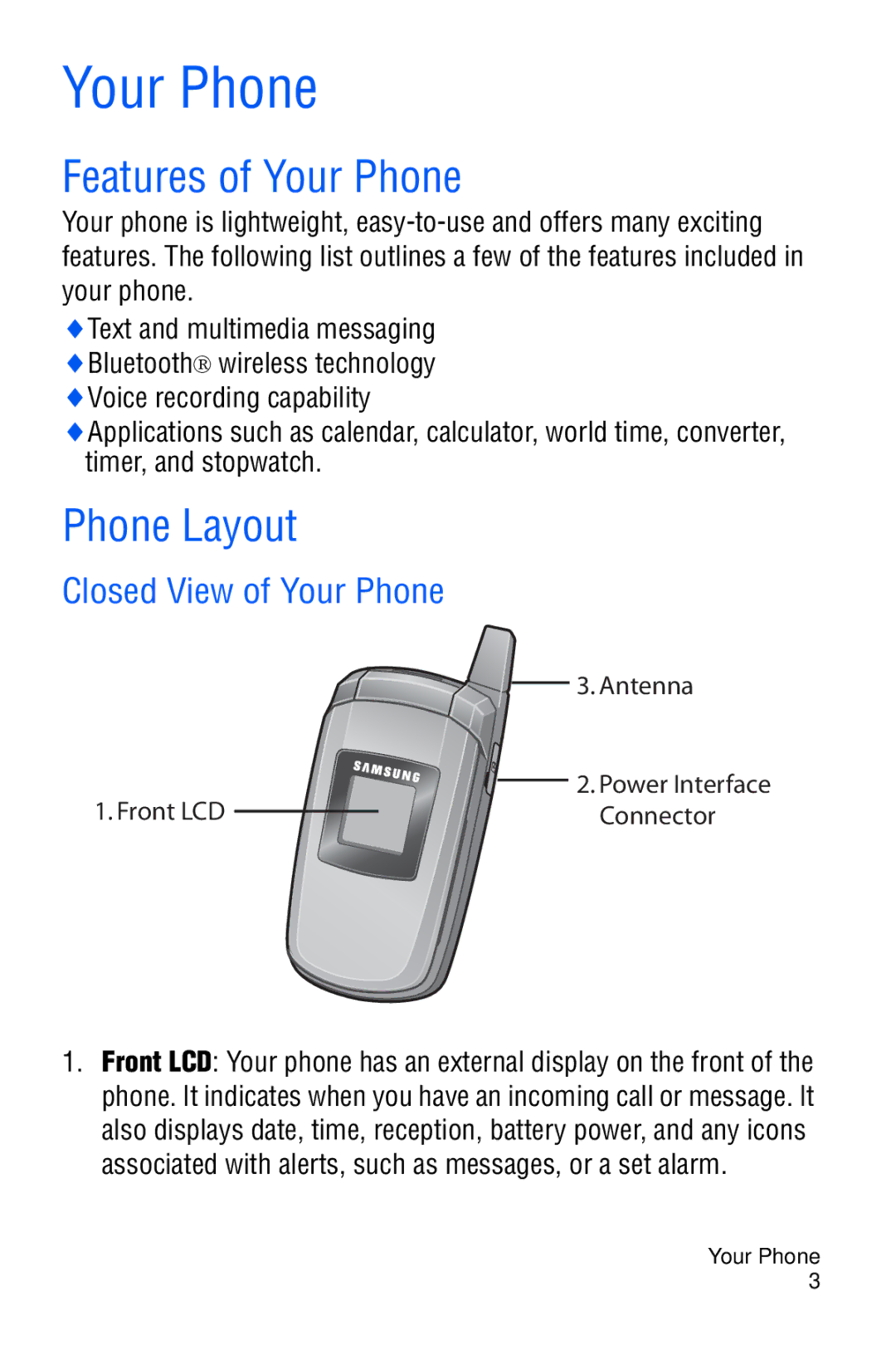 Samsung SGH-C327 user manual Features of Your Phone, Phone Layout, Closed View of Your Phone 