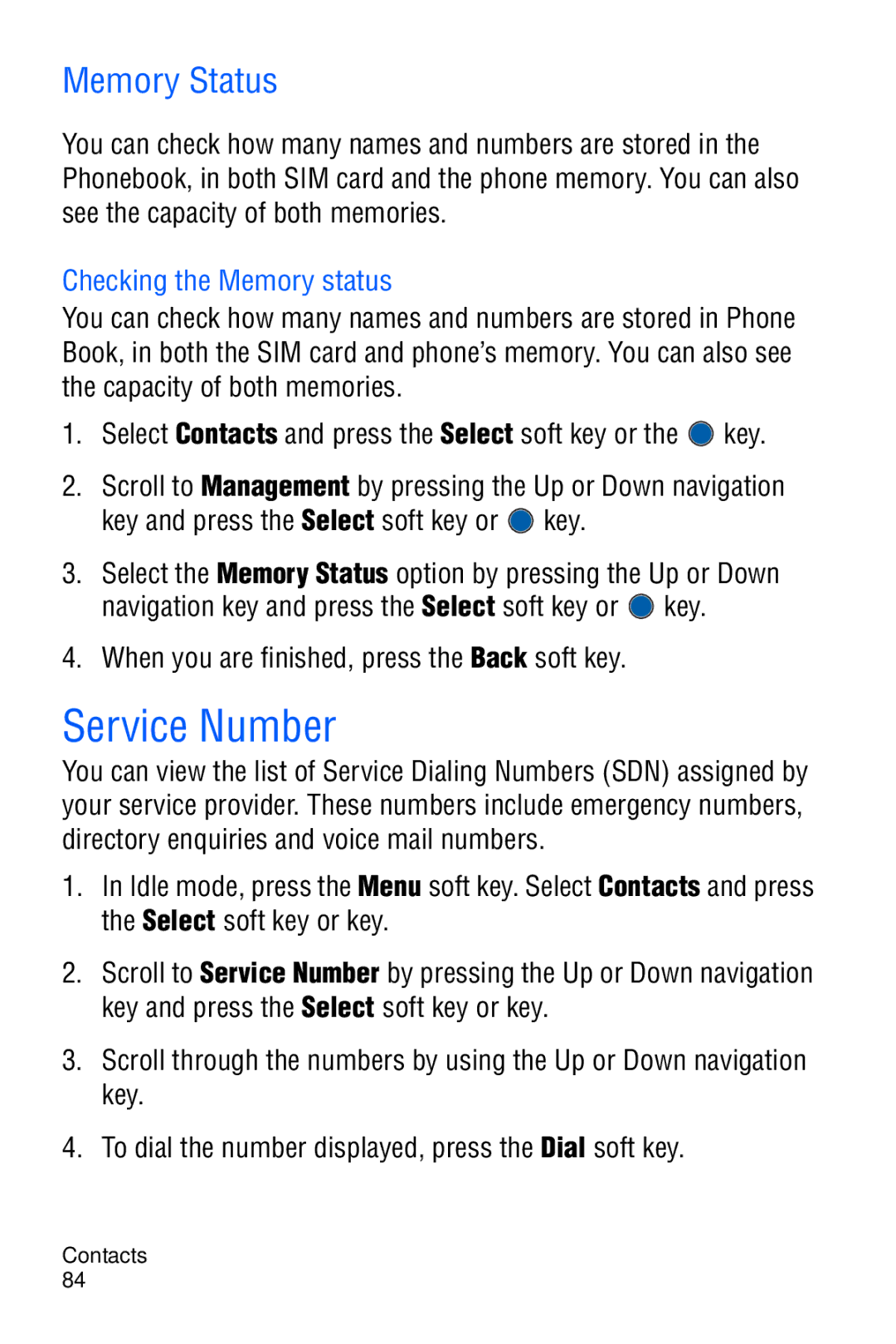 Samsung SGH-C327 Service Number, Memory Status, Checking the Memory status, When you are finished, press the Back soft key 