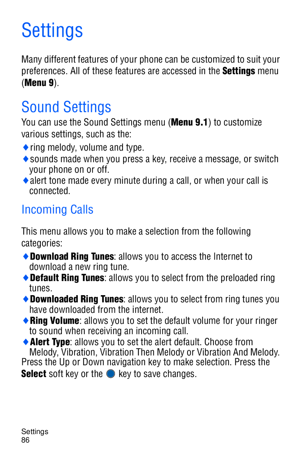 Samsung SGH-C327 user manual Sound Settings, Incoming Calls 