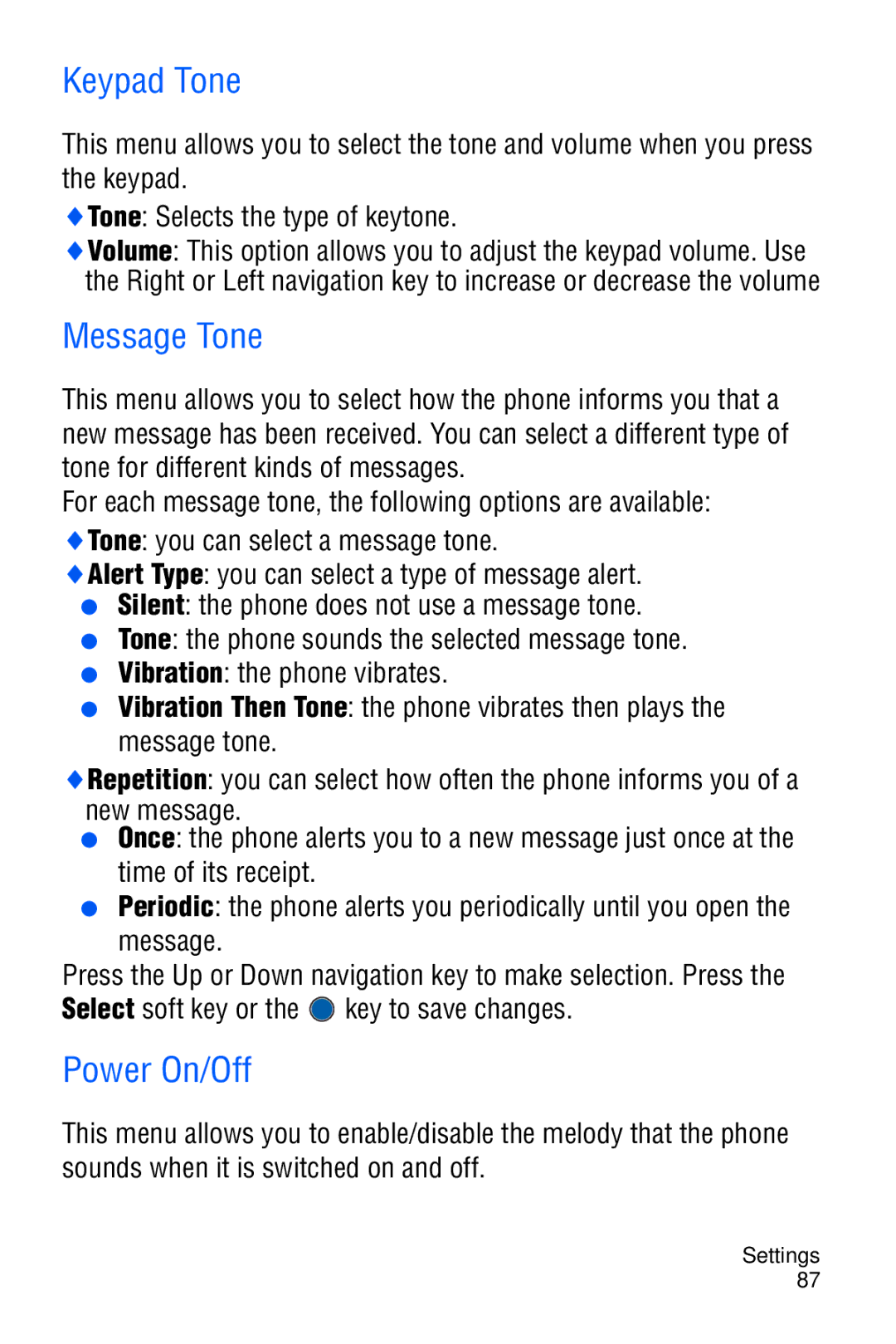 Samsung SGH-C327 user manual Keypad Tone, Message Tone, Power On/Off, Select soft key or 