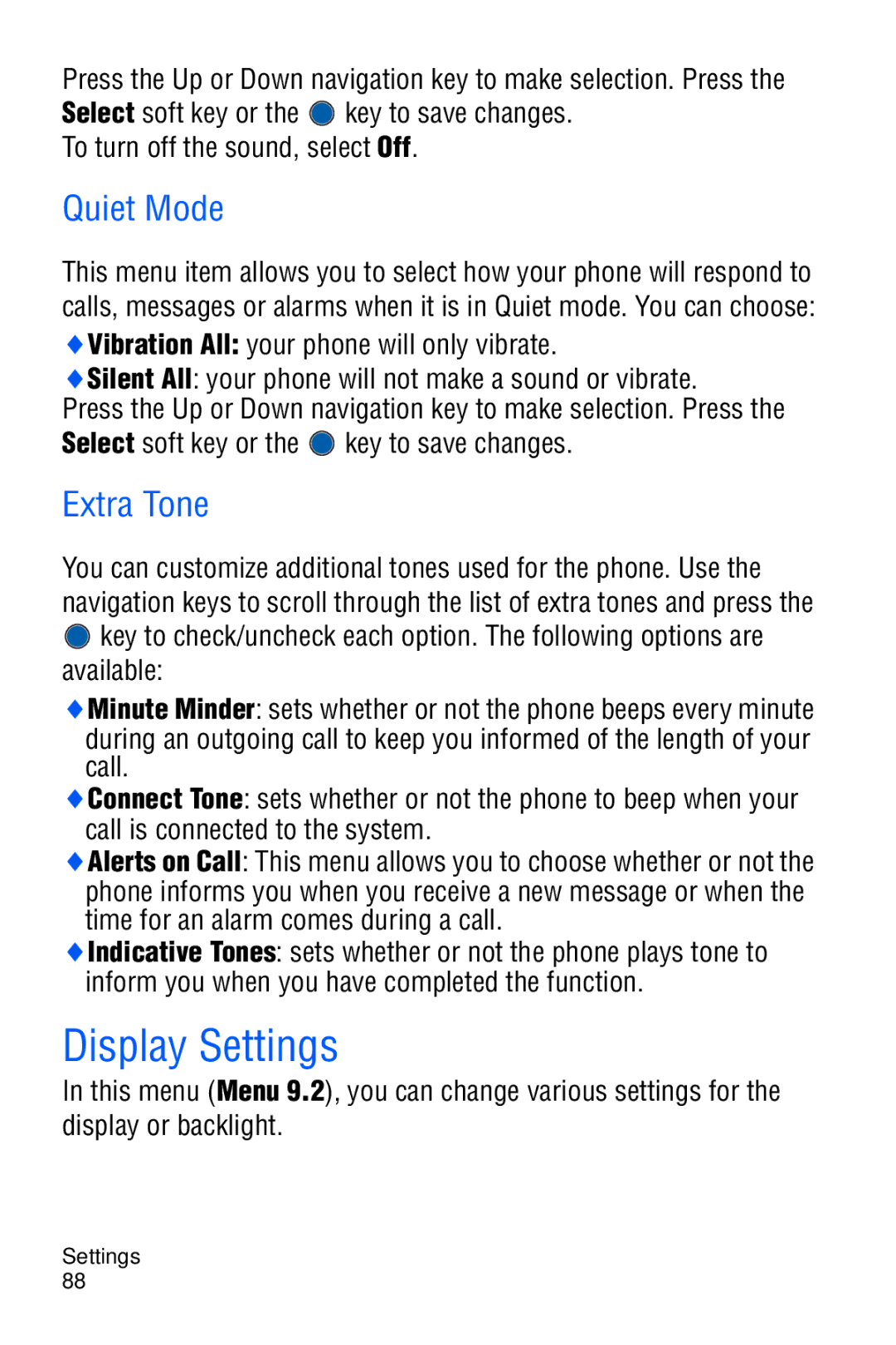 Samsung SGH-C327 user manual Display Settings, Quiet Mode, Extra Tone 