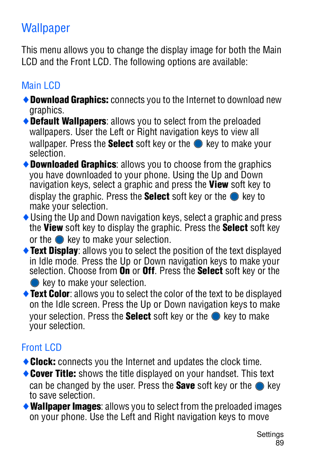 Samsung SGH-C327 user manual Wallpaper, Main LCD, Key to make your selection, Front LCD 