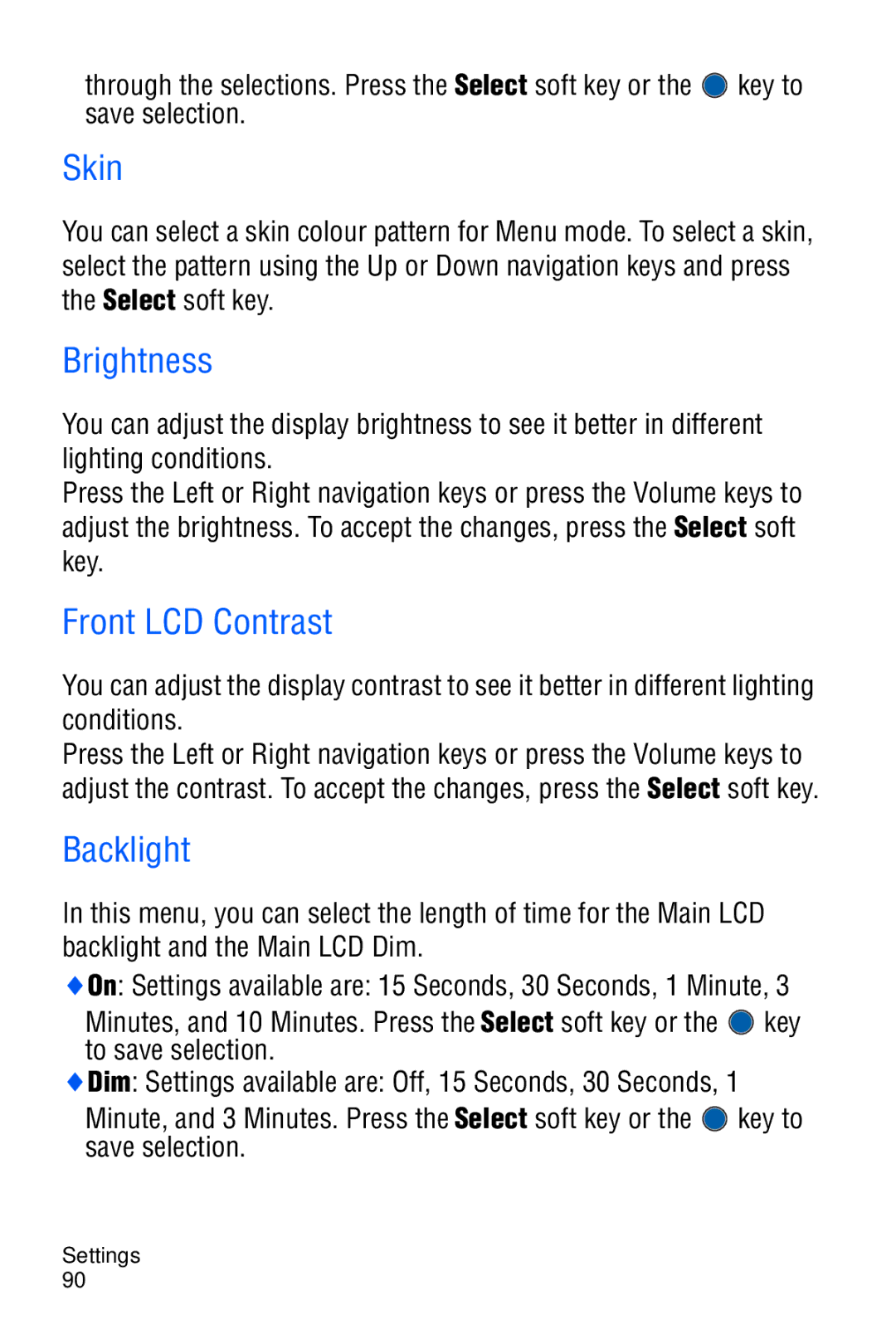 Samsung SGH-C327 user manual Skin, Brightness, Front LCD Contrast 