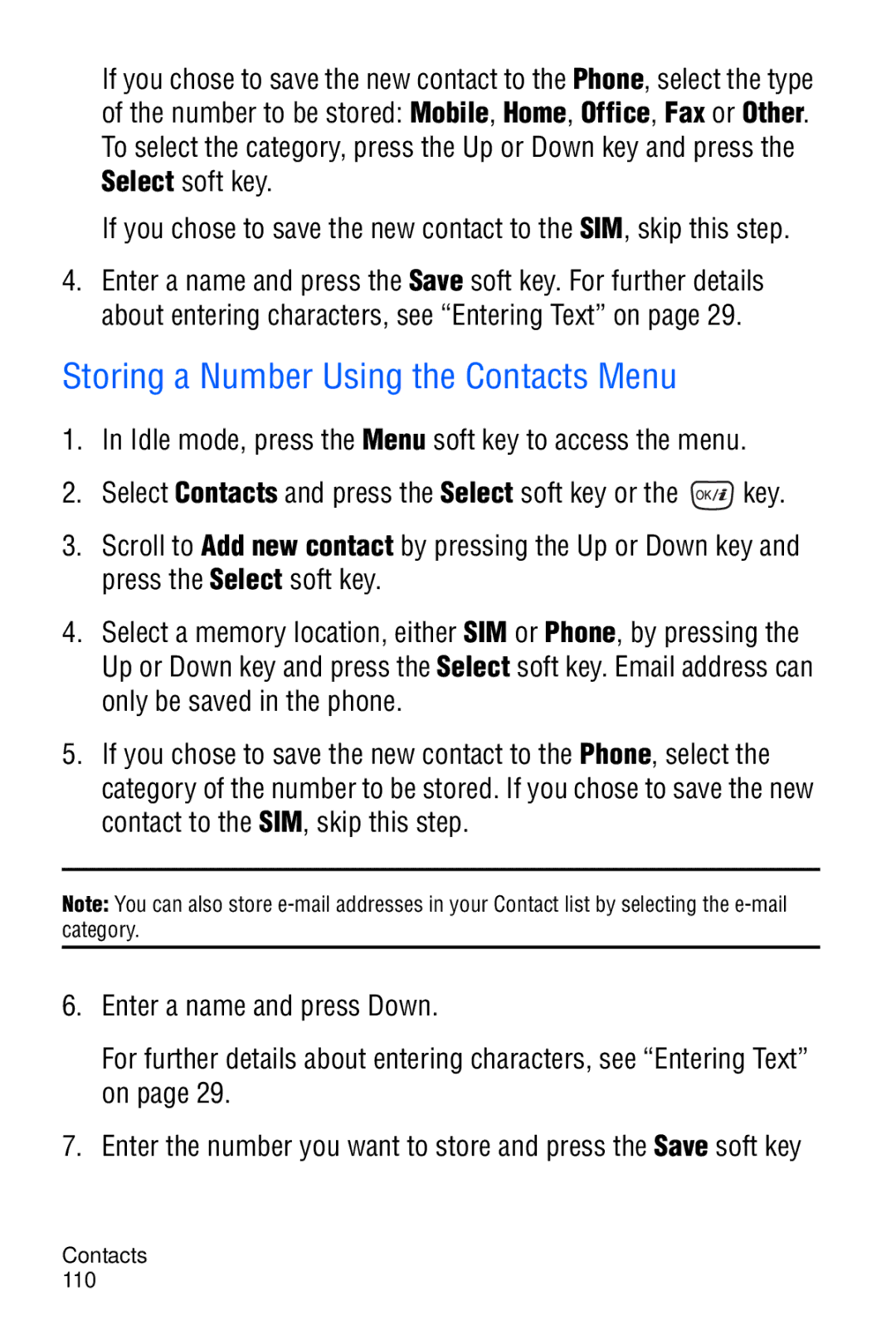 Samsung SGH-D606 user manual Storing a Number Using the Contacts Menu 